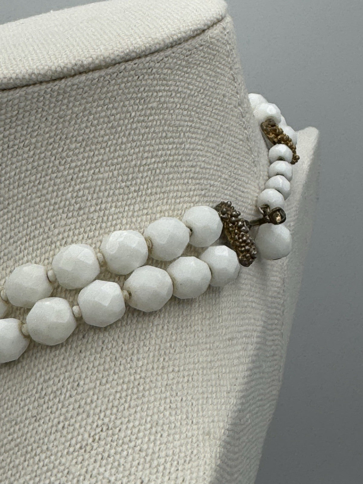 Vintage Milk Glass Necklace Faceted Beads Double Strand 15.5”l