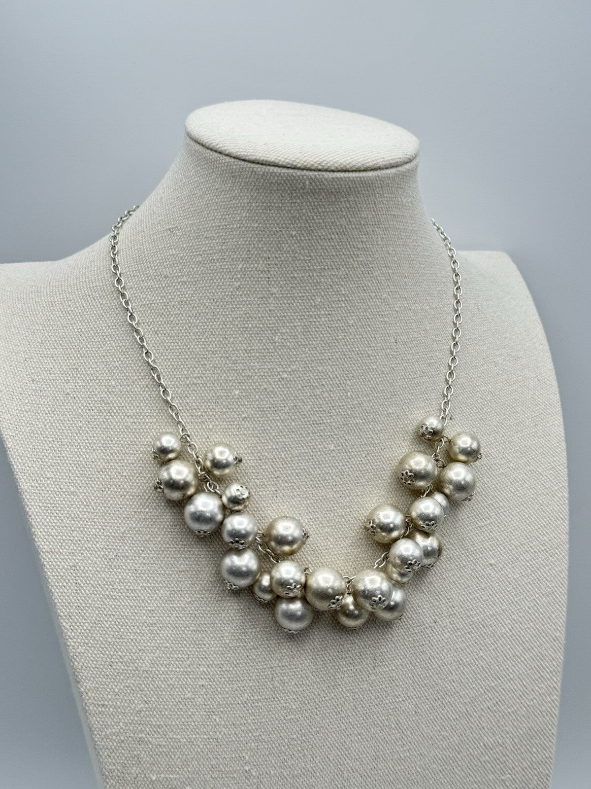 Vintage Silvertone Bead Necklace Bib Style Metallic Theme Circa 19”l