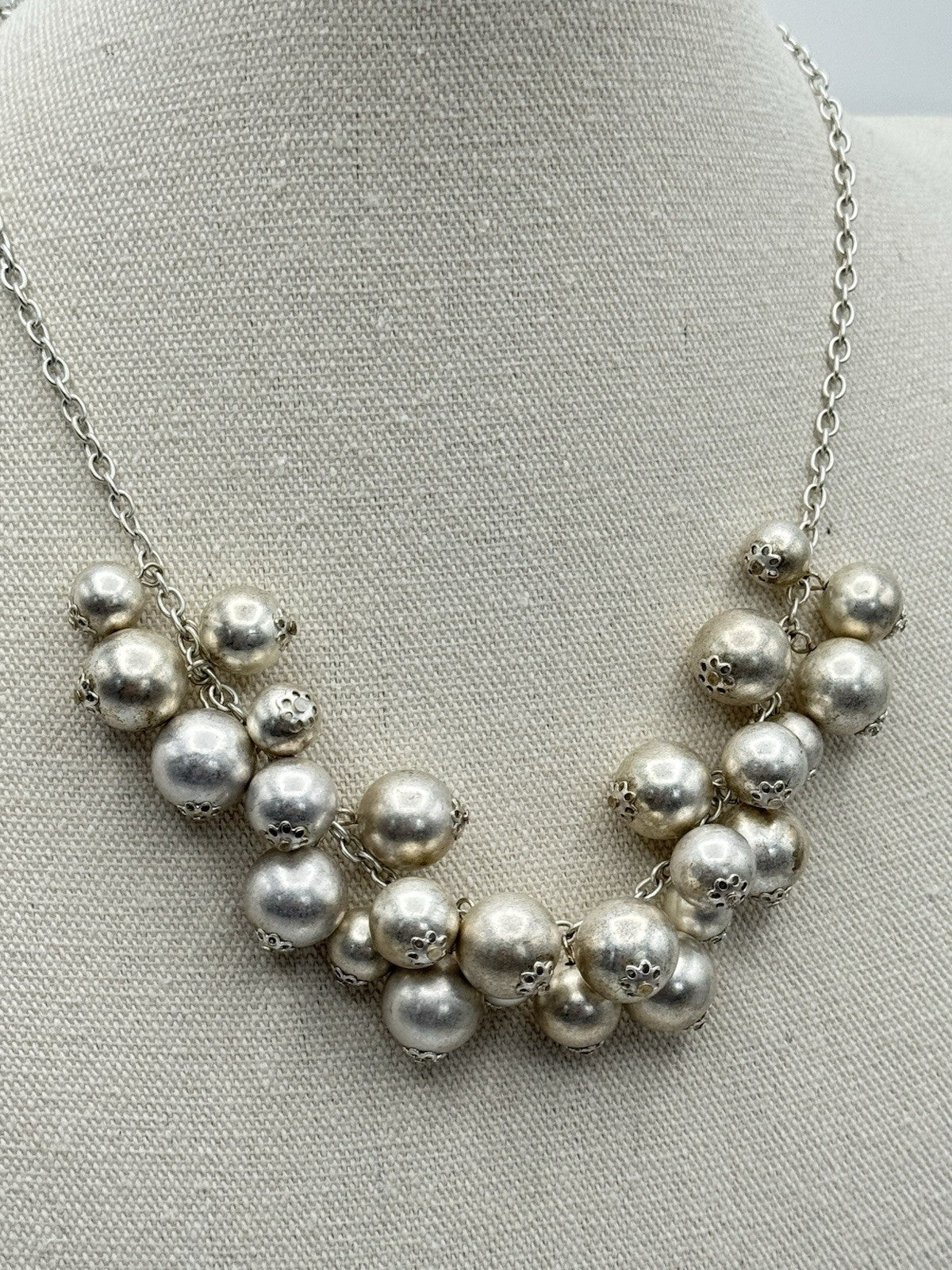 Vintage Silvertone Bead Necklace Bib Style Metallic Theme Circa 19”l
