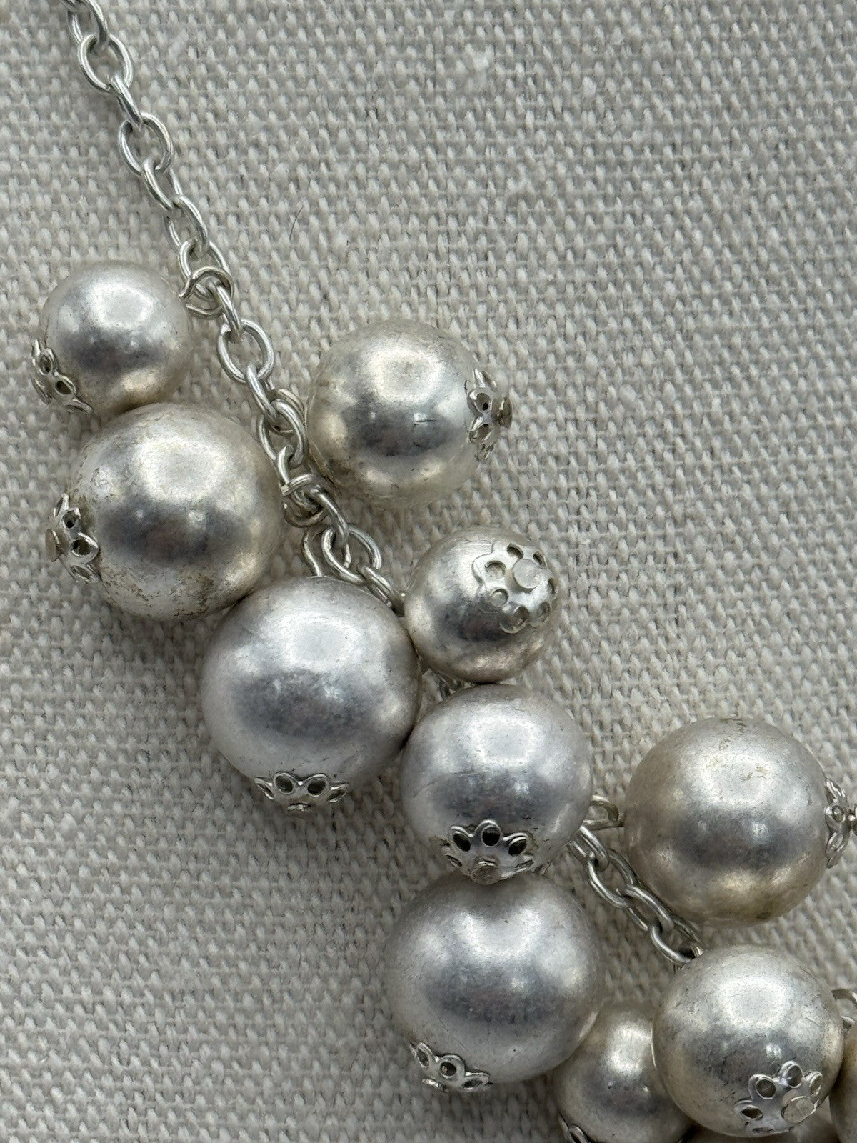 Vintage Silvertone Bead Necklace Bib Style Metallic Theme Circa 19”l