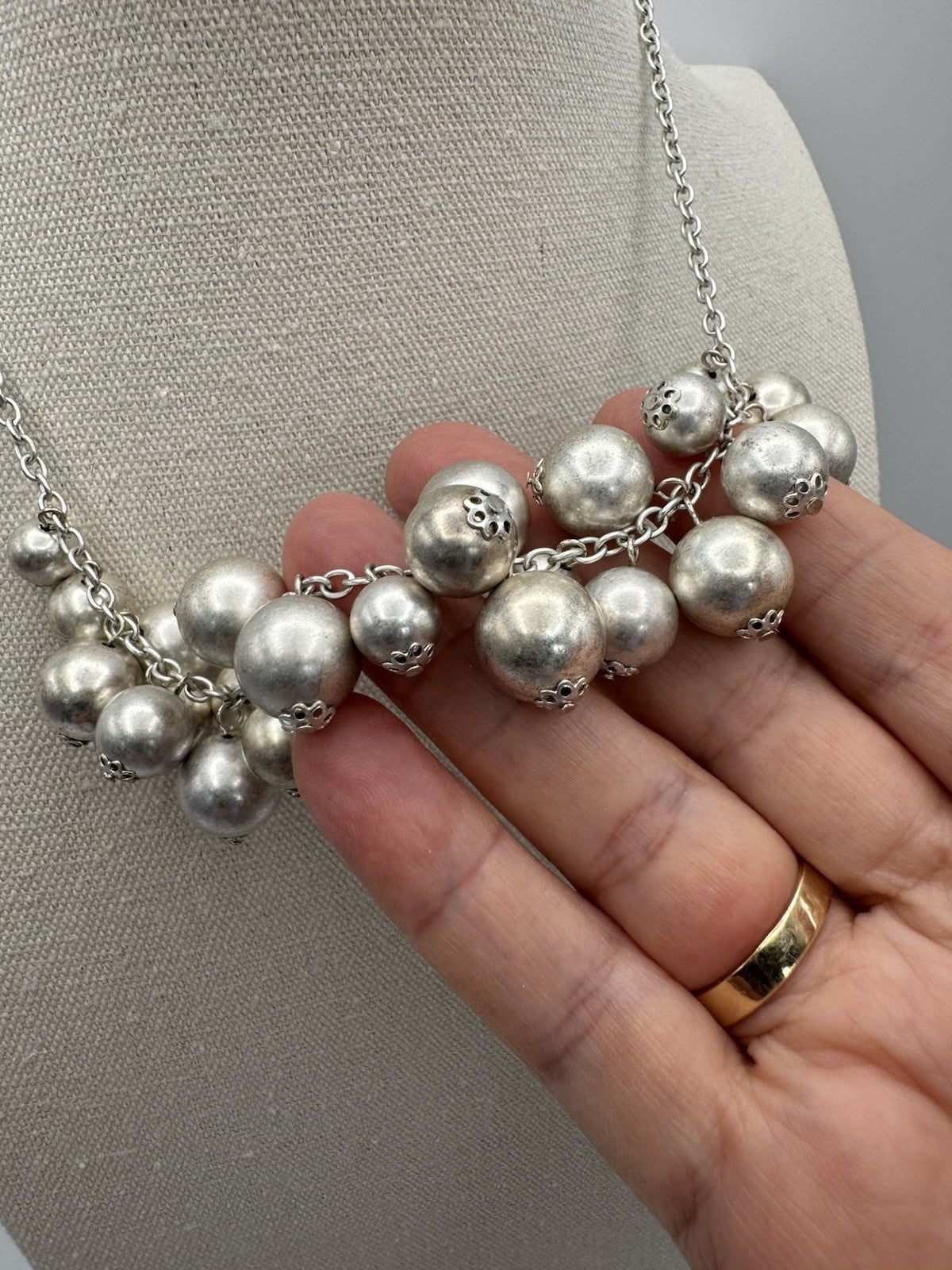 Vintage Silvertone Bead Necklace Bib Style Metallic Theme Circa 19”l