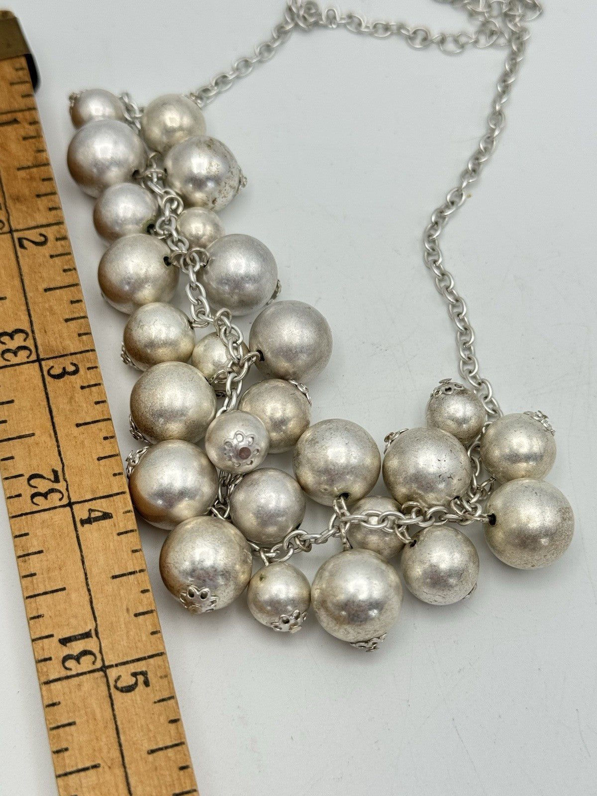 Vintage Silvertone Bead Necklace Bib Style Metallic Theme Circa 19”l