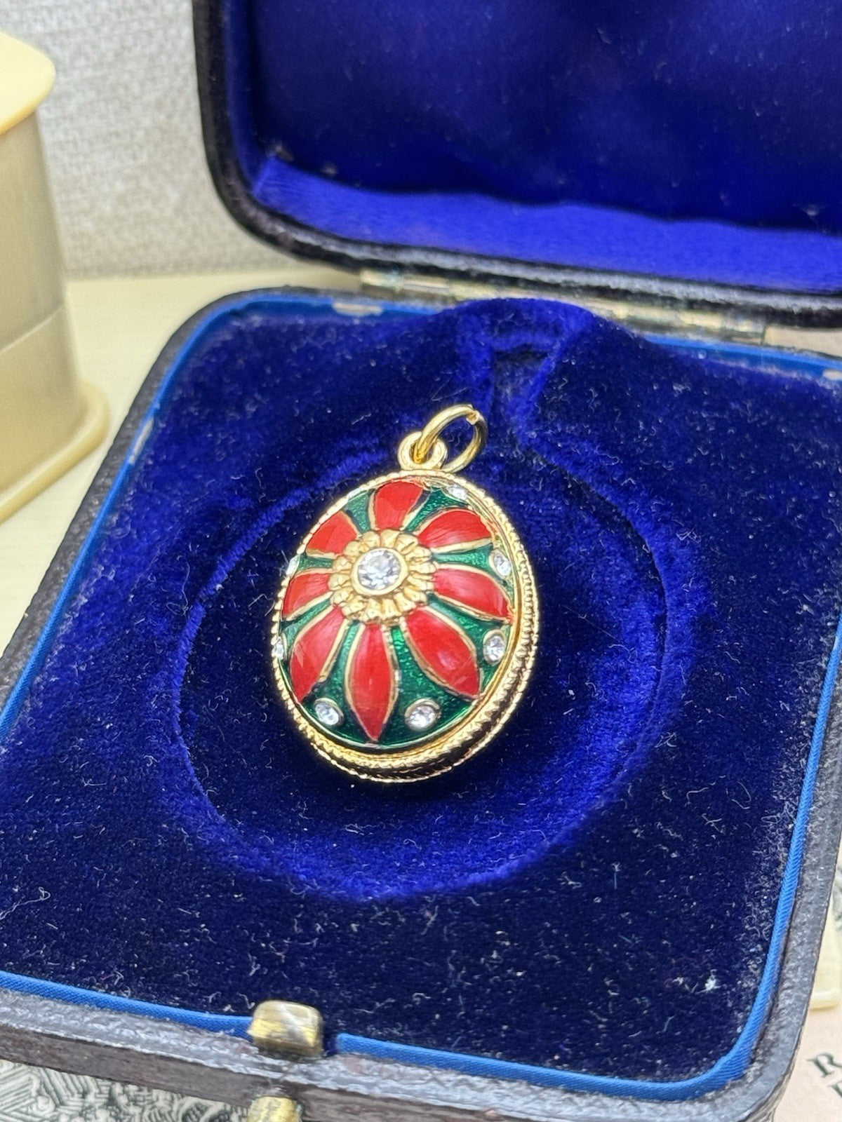 Enameled Egg Shaped Pendant Red Green Goldtone Rhinestones Estate Find