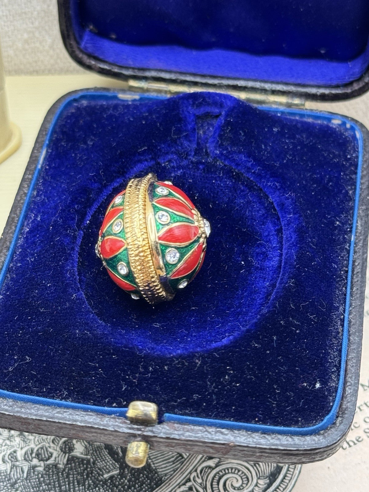 Enameled Egg Shaped Pendant Red Green Goldtone Rhinestones Estate Find