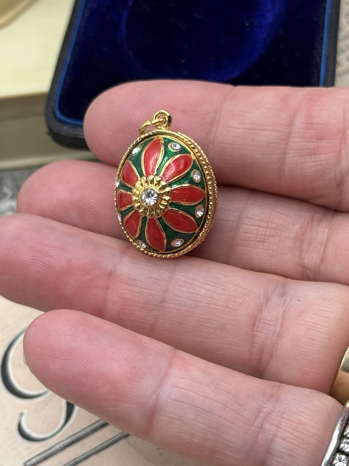 Enameled Egg Shaped Pendant Red Green Goldtone Rhinestones Estate Find