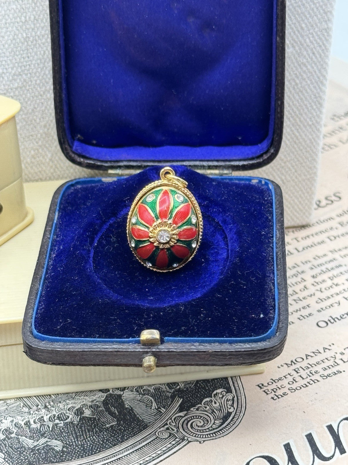 Enameled Egg Shaped Pendant Red Green Goldtone Rhinestones Estate Find