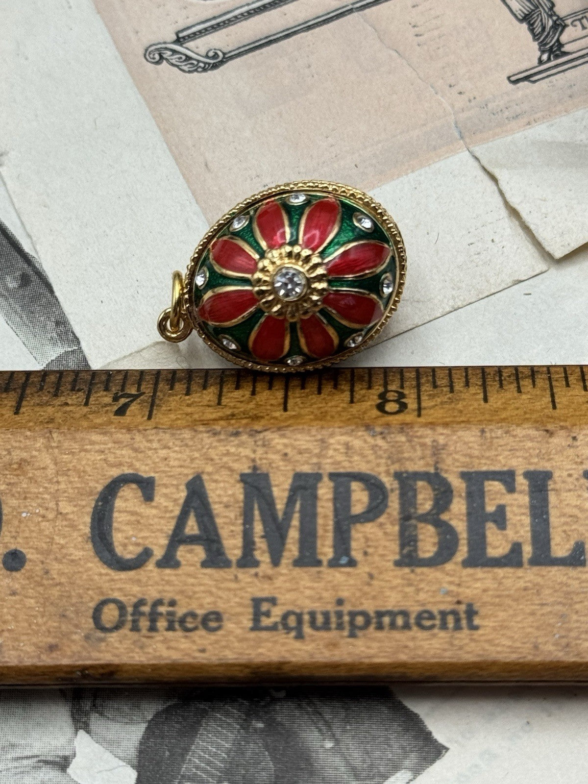 Enameled Egg Shaped Pendant Red Green Goldtone Rhinestones Estate Find