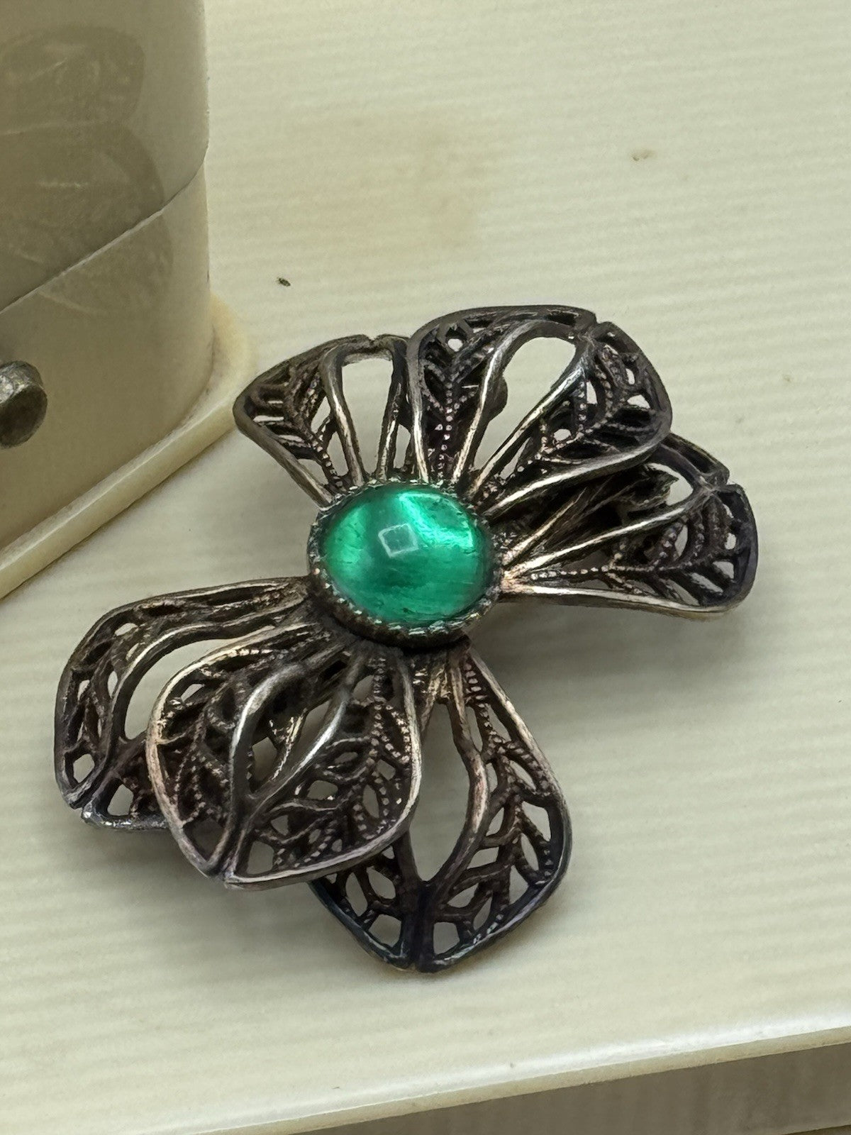 Vintage Brass Tone Below Ribbon Brooch Green Center Stone ESTATE FIND
