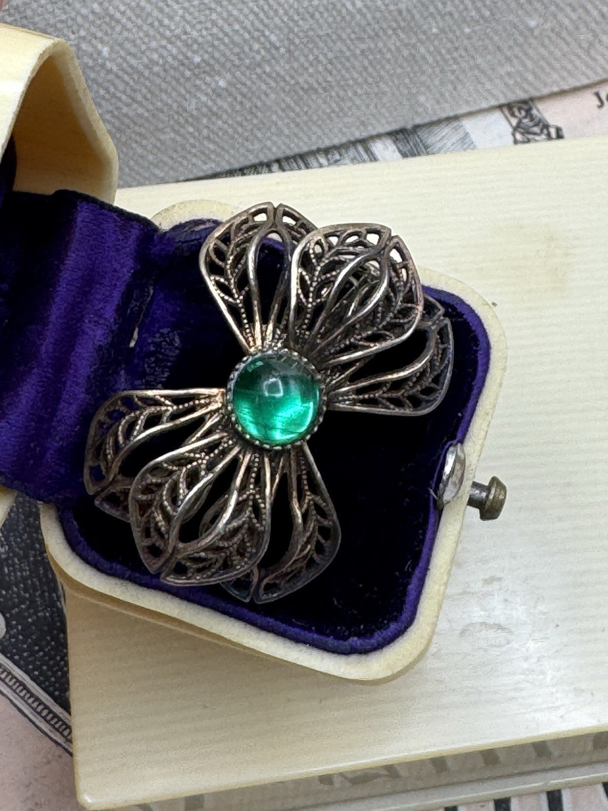 Vintage Brass Tone Below Ribbon Brooch Green Center Stone ESTATE FIND