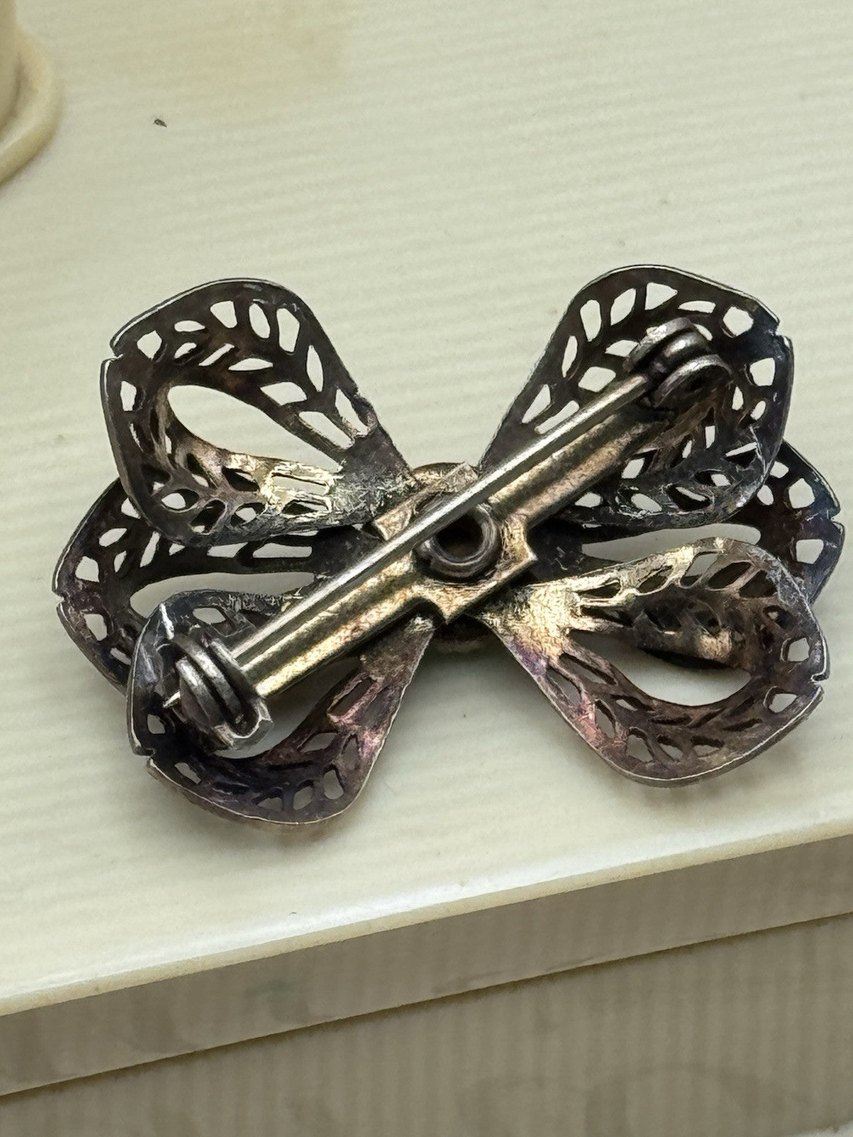 Vintage Brass Tone Below Ribbon Brooch Green Center Stone ESTATE FIND