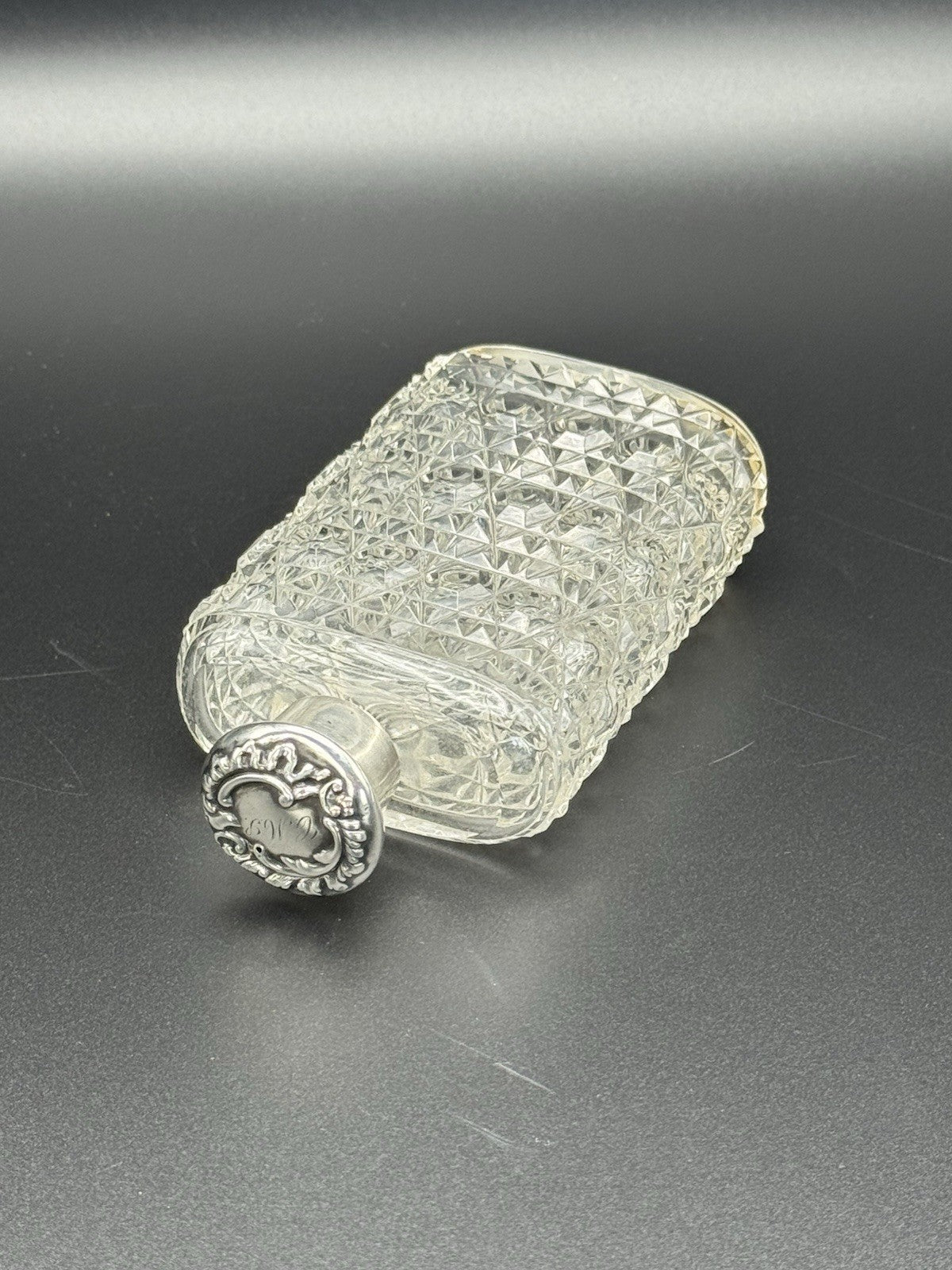 Antique Sterling Screw Lid Cut Crystal Empty Scent Bottle Monogram Dented Lid‼️