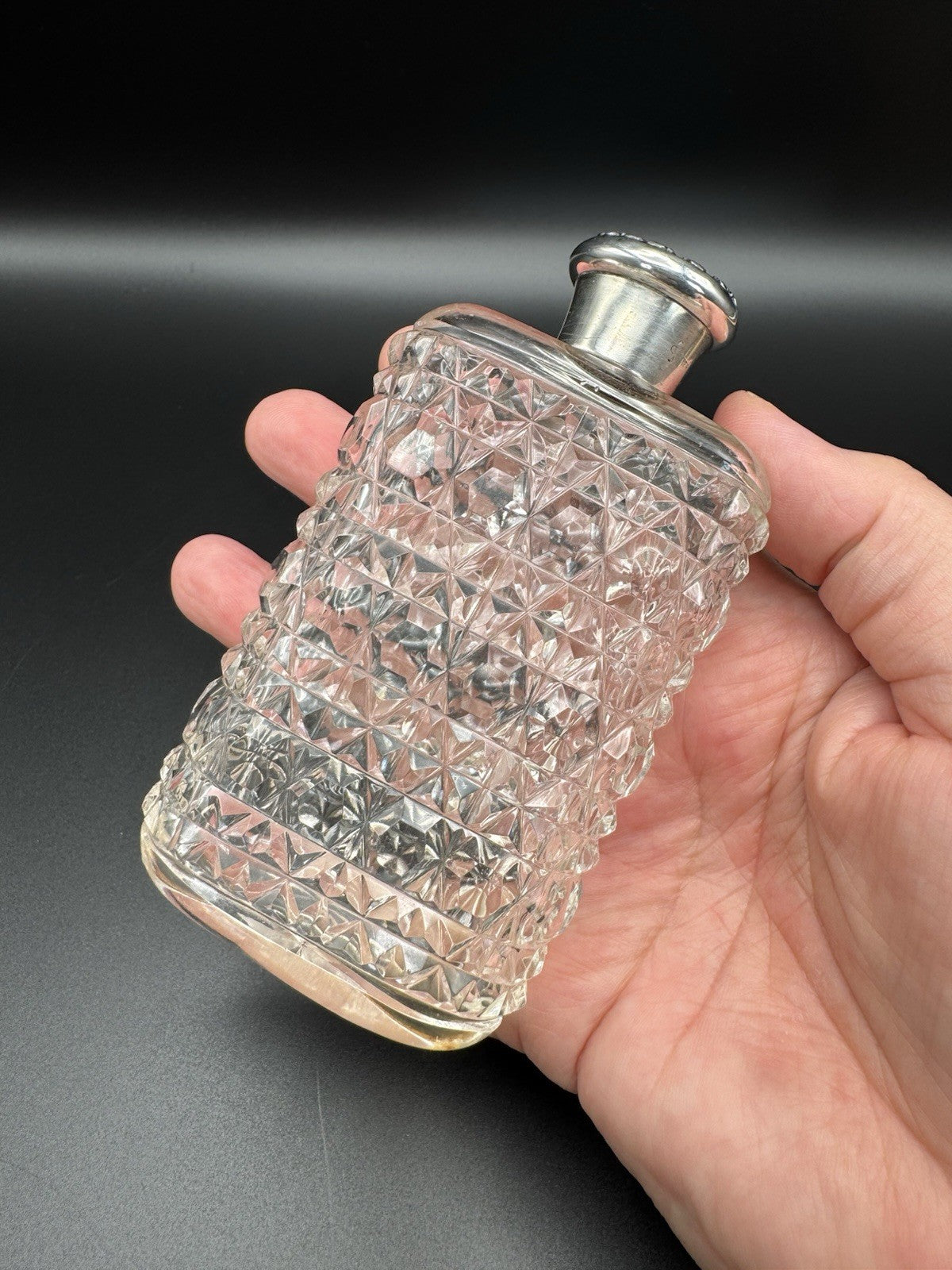 Antique Sterling Screw Lid Cut Crystal Empty Scent Bottle Monogram Dented Lid‼️