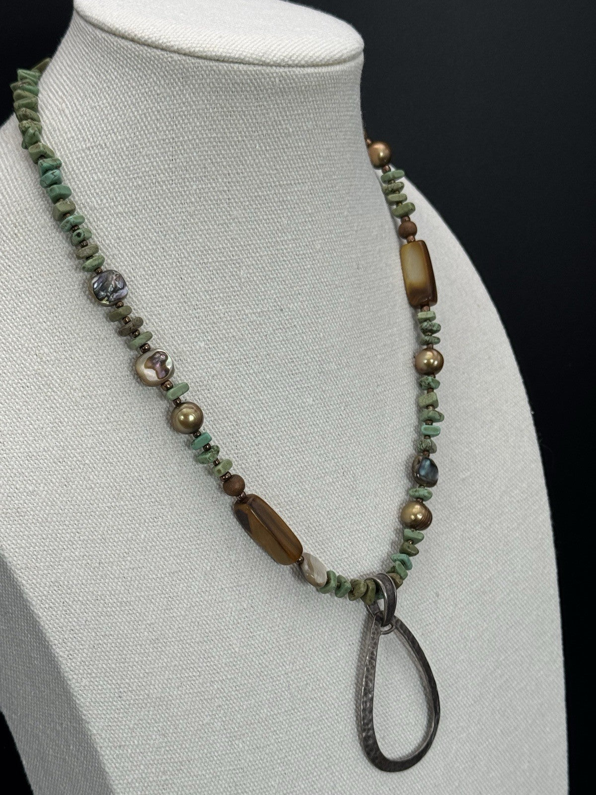 Vintage SILPADA Hammered Silver Pendant Green & Broen Beads ESTATE FIND Ca.20”