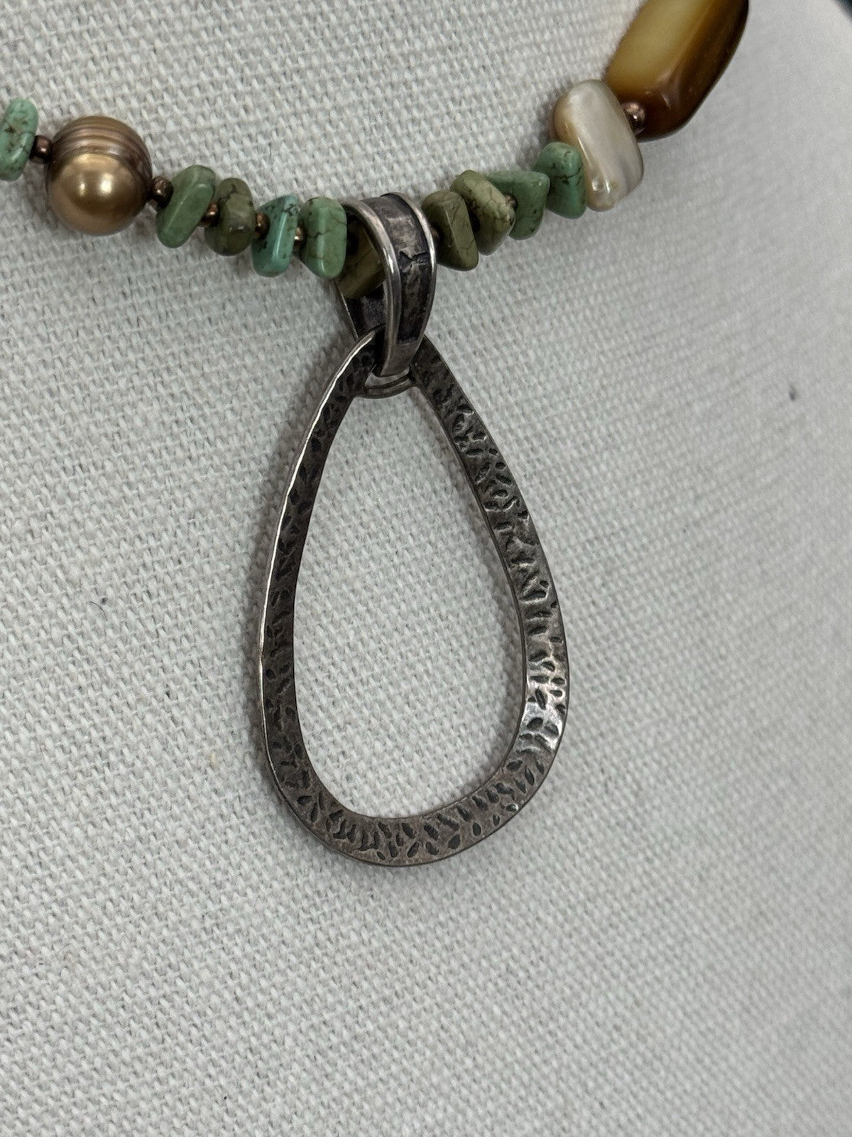 Vintage SILPADA Hammered Silver Pendant Green & Broen Beads ESTATE FIND Ca.20”