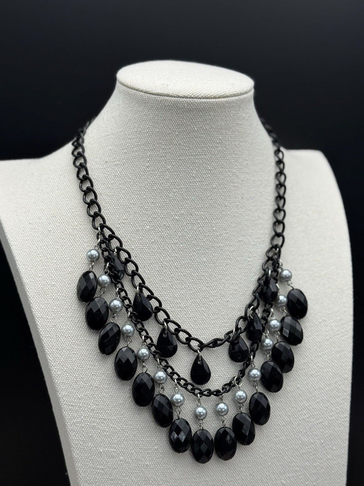 Double Layer Black Lucite Drop NECKLACE Estate Find