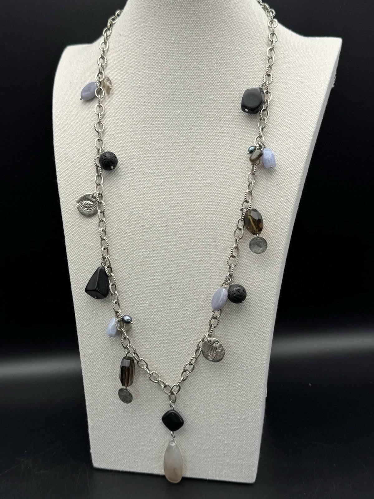 Vintage Silvertone Multimedia Necklace 31”l ESTATE FIND
