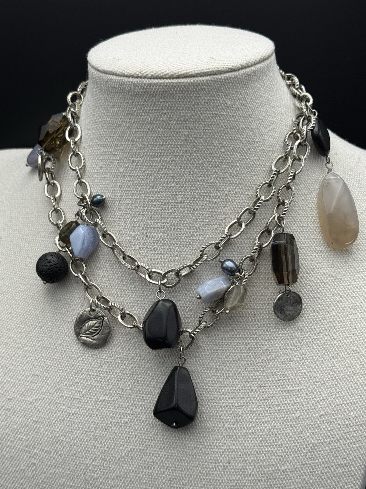 Vintage Silvertone Multimedia Necklace 31”l ESTATE FIND