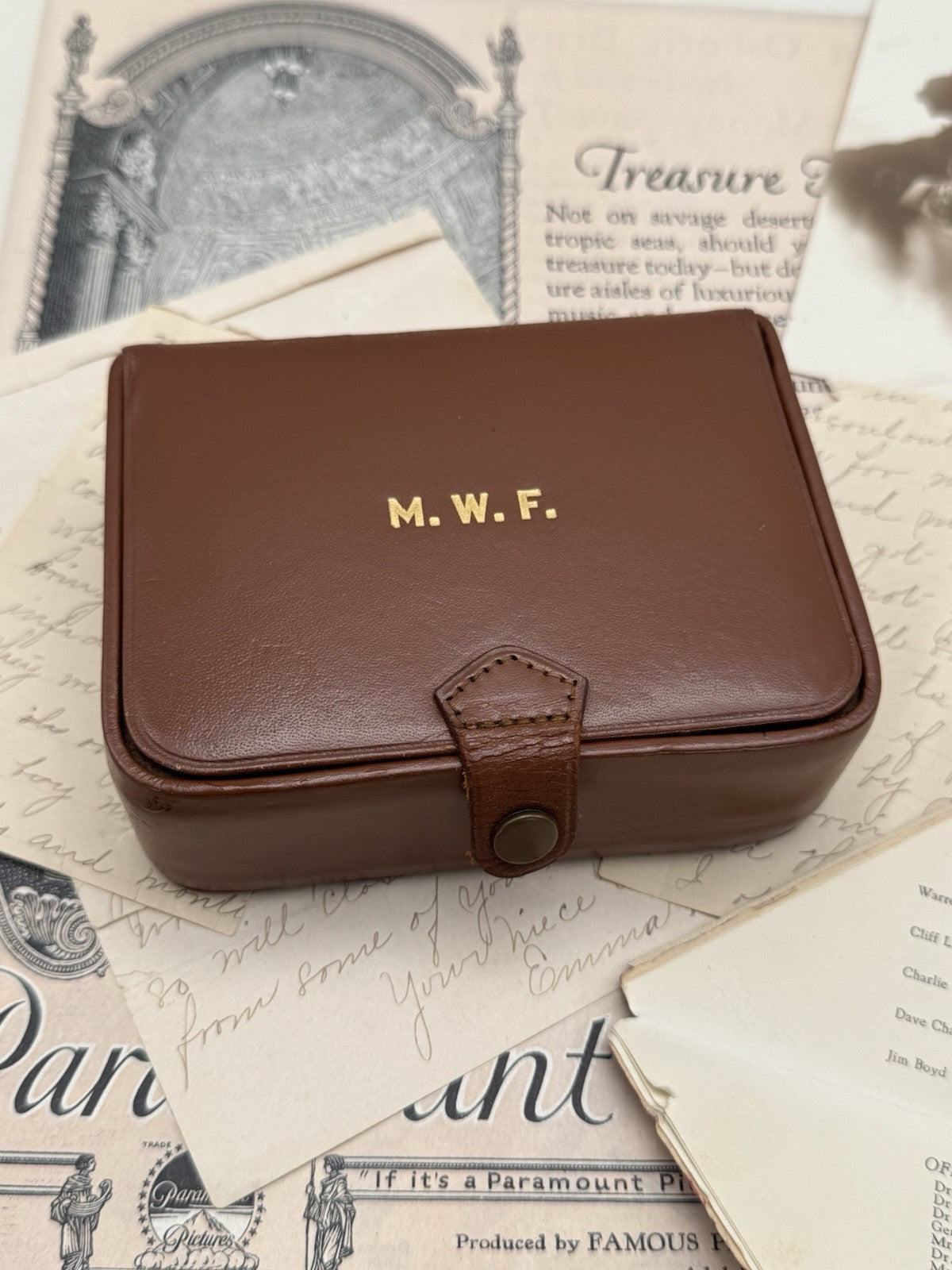 Vintage SMALL Leather Jewelry Case BROWN Monogram M.W.F 5.75 X 3.76 X 1.5”