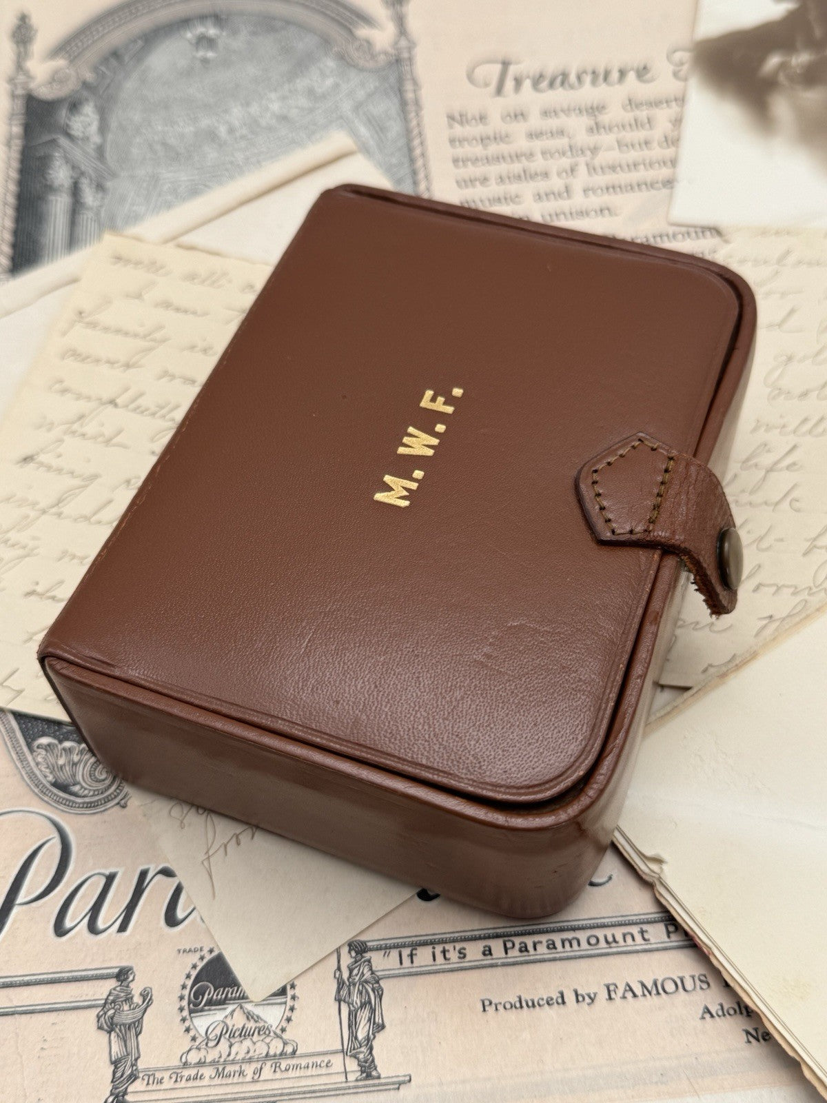 Vintage SMALL Leather Jewelry Case BROWN Monogram M.W.F 5.75 X 3.76 X 1.5”