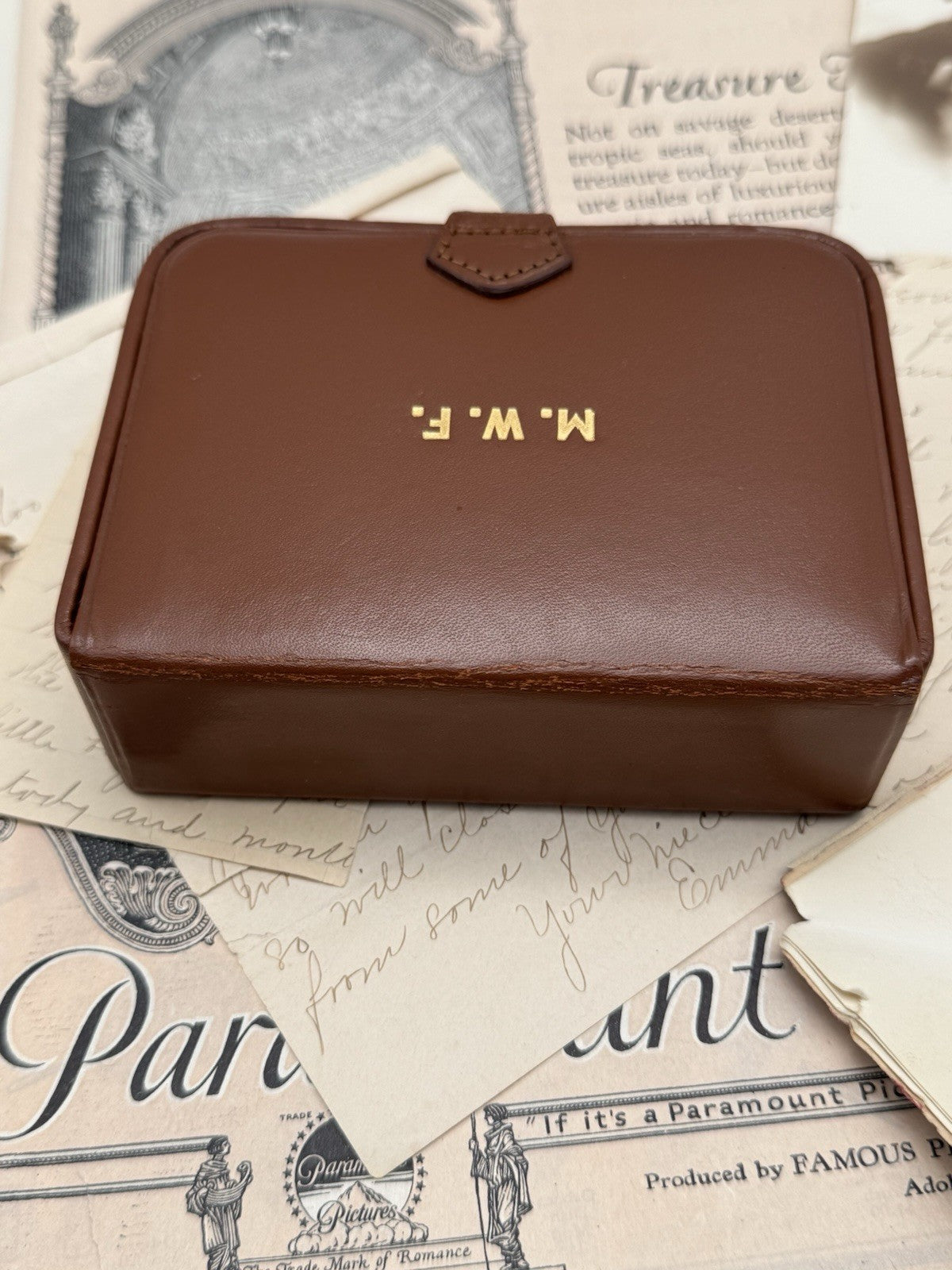 Vintage SMALL Leather Jewelry Case BROWN Monogram M.W.F 5.75 X 3.76 X 1.5”