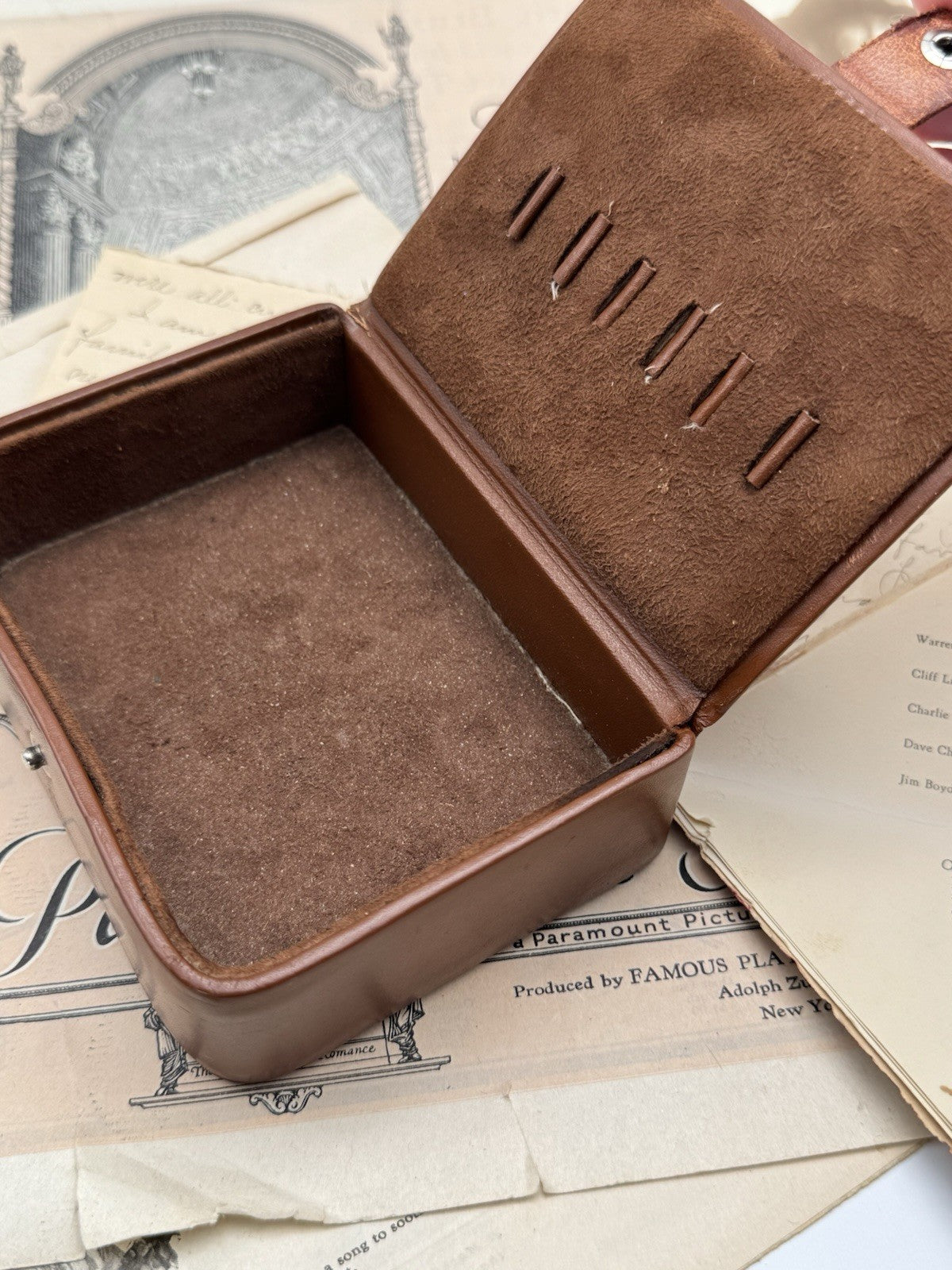 Vintage SMALL Leather Jewelry Case BROWN Monogram M.W.F 5.75 X 3.76 X 1.5”
