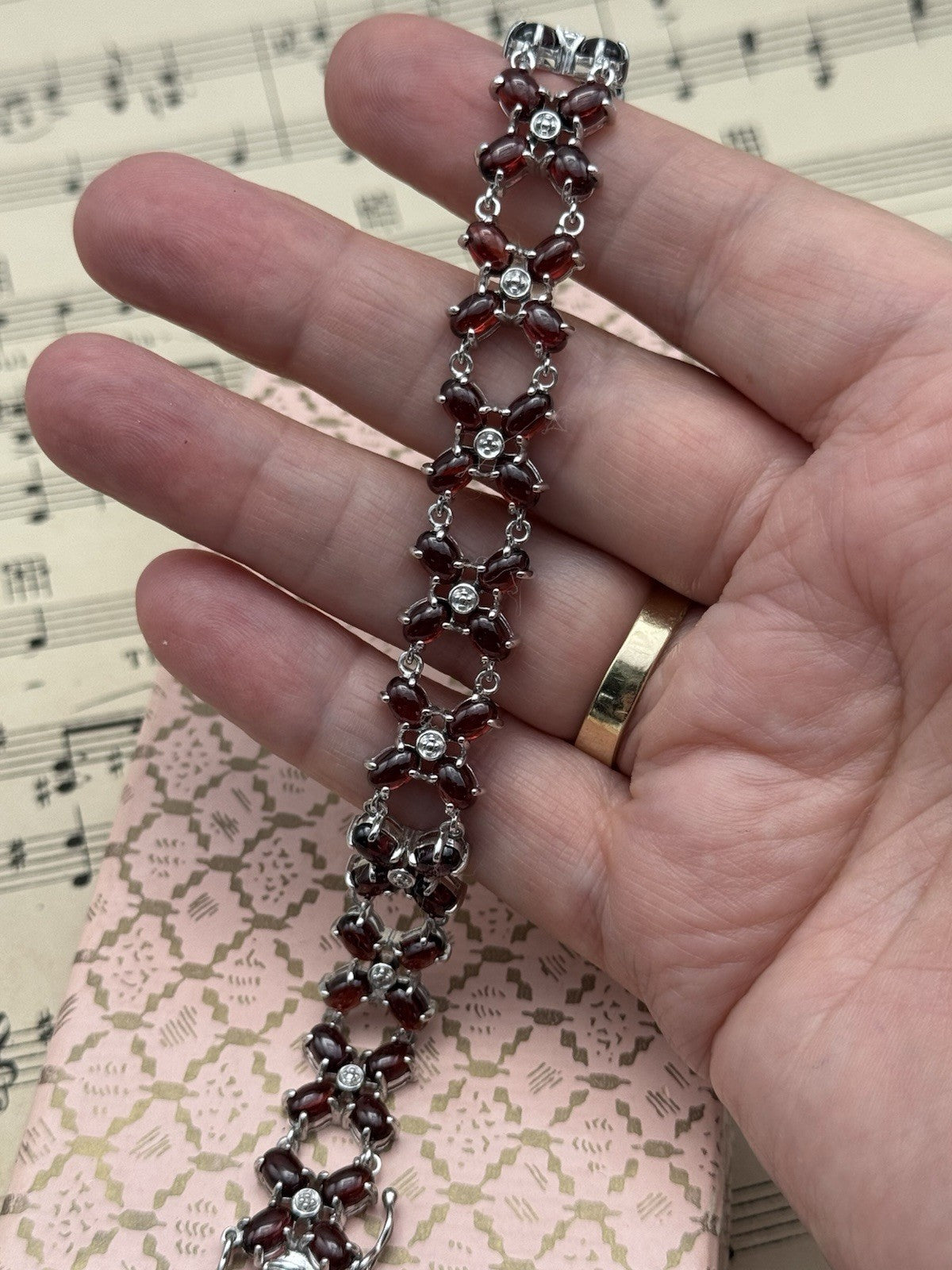 Sterling Silver Red Stone Bracelet 6.75” ESTATE FIND