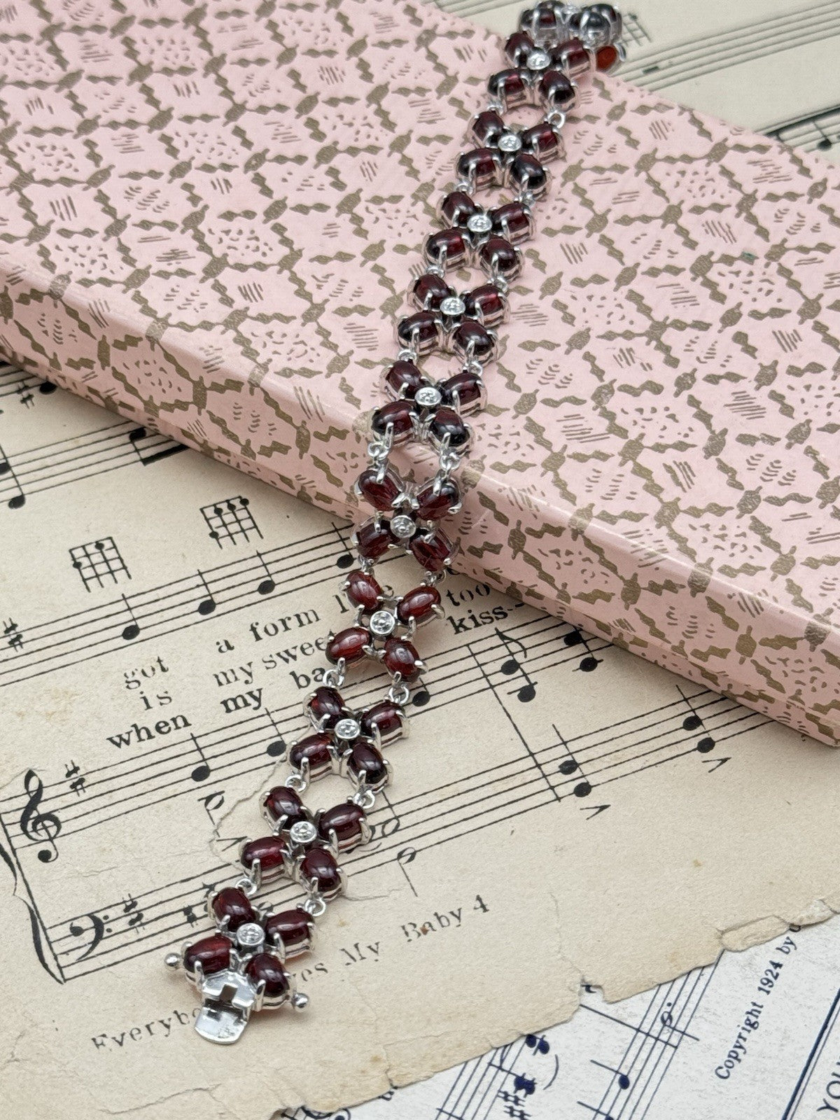 Sterling Silver Red Stone Bracelet 6.75” ESTATE FIND