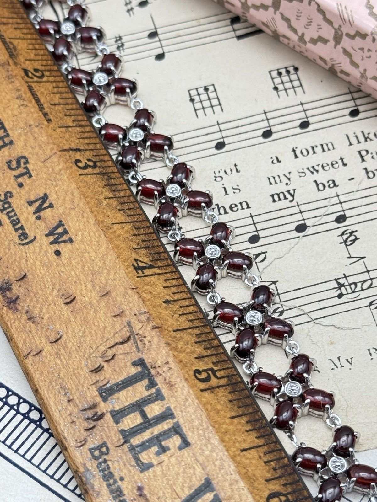 Sterling Silver Red Stone Bracelet 6.75” ESTATE FIND