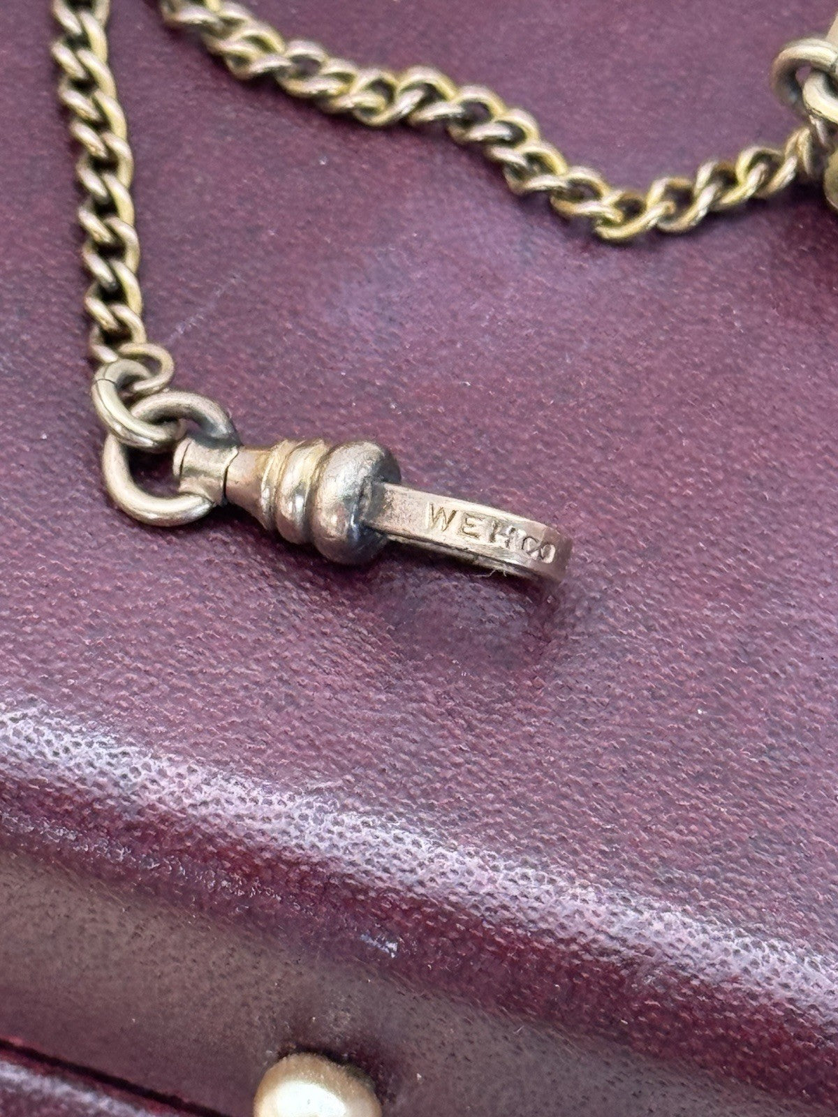 Antique Gold-Filled Pocket Watch Chain Clip Signed WEH Co. Ca. 5.5”