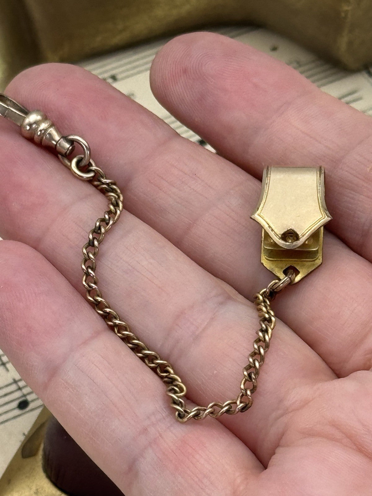 Antique Gold-Filled Pocket Watch Chain Clip Signed WEH Co. Ca. 5.5”