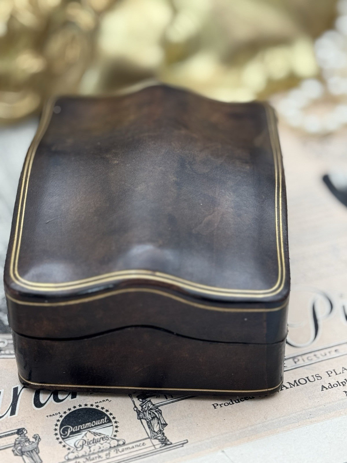 Vintage Italian Brown Gilt Tooled Leather Camelback Top CASE Ca. 4.25” X 3”