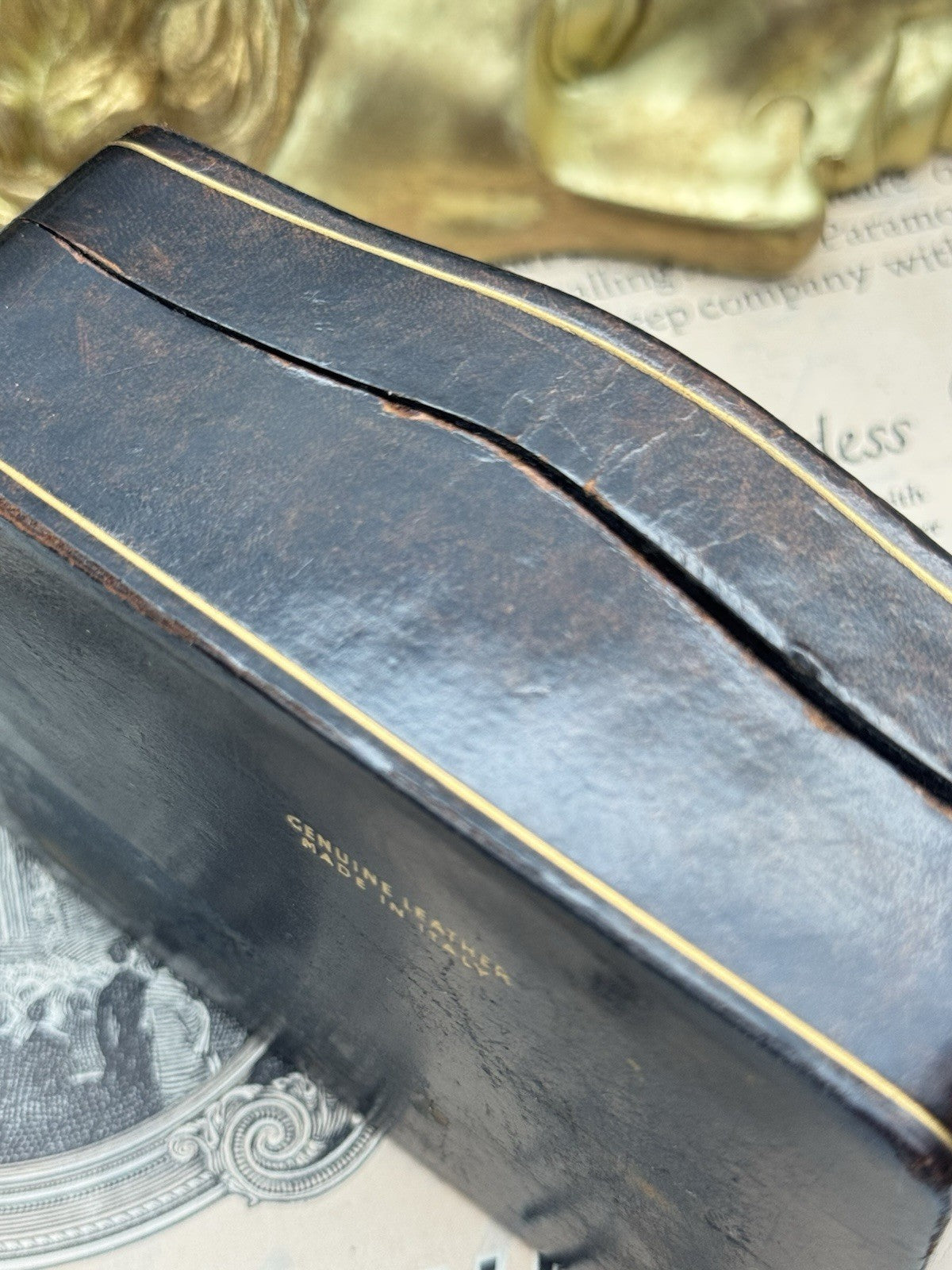 Vintage Italian Brown Gilt Tooled Leather Camelback Top CASE Ca. 4.25” X 3”