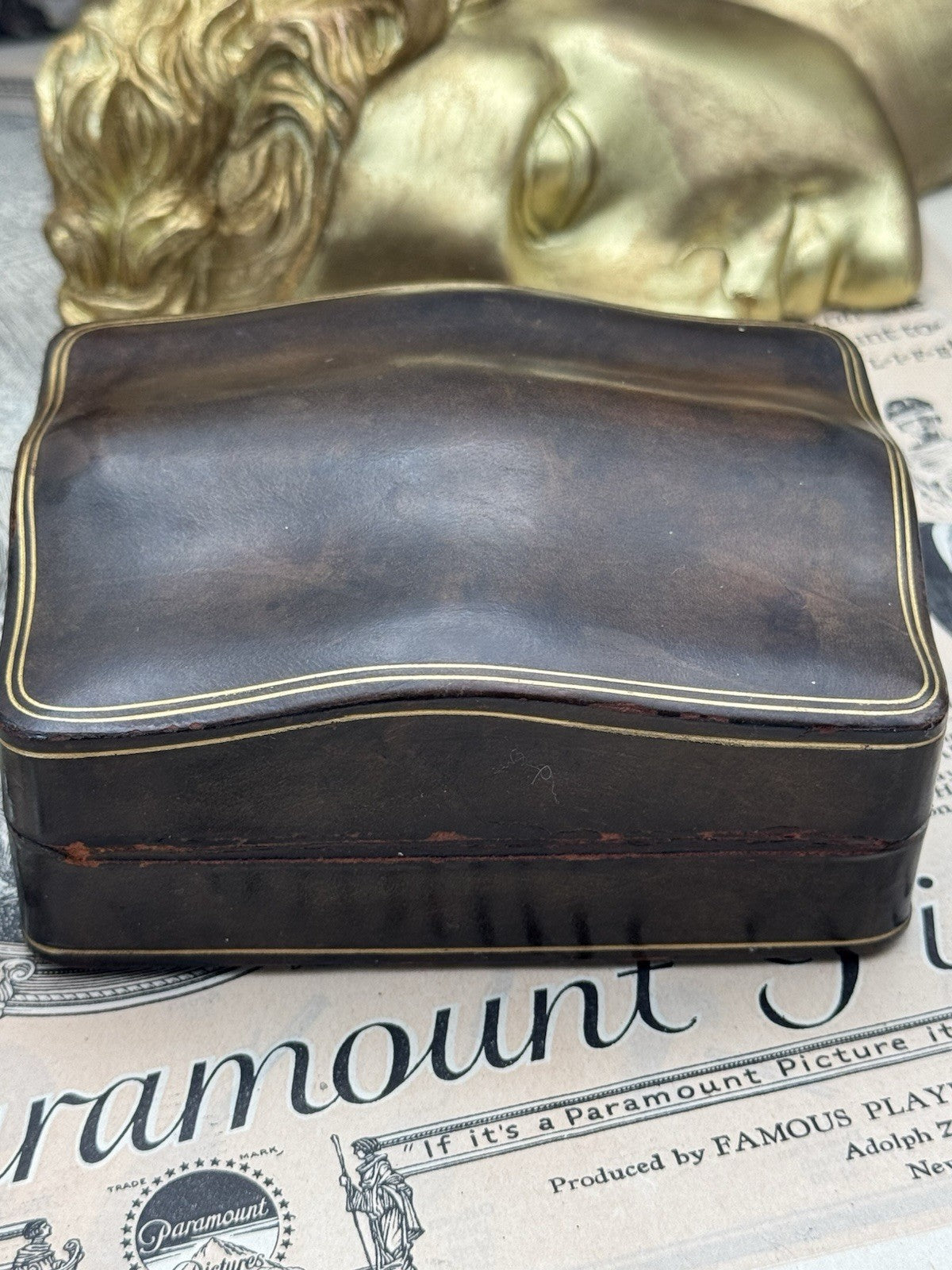 Vintage Italian Brown Gilt Tooled Leather Camelback Top CASE Ca. 4.25” X 3”