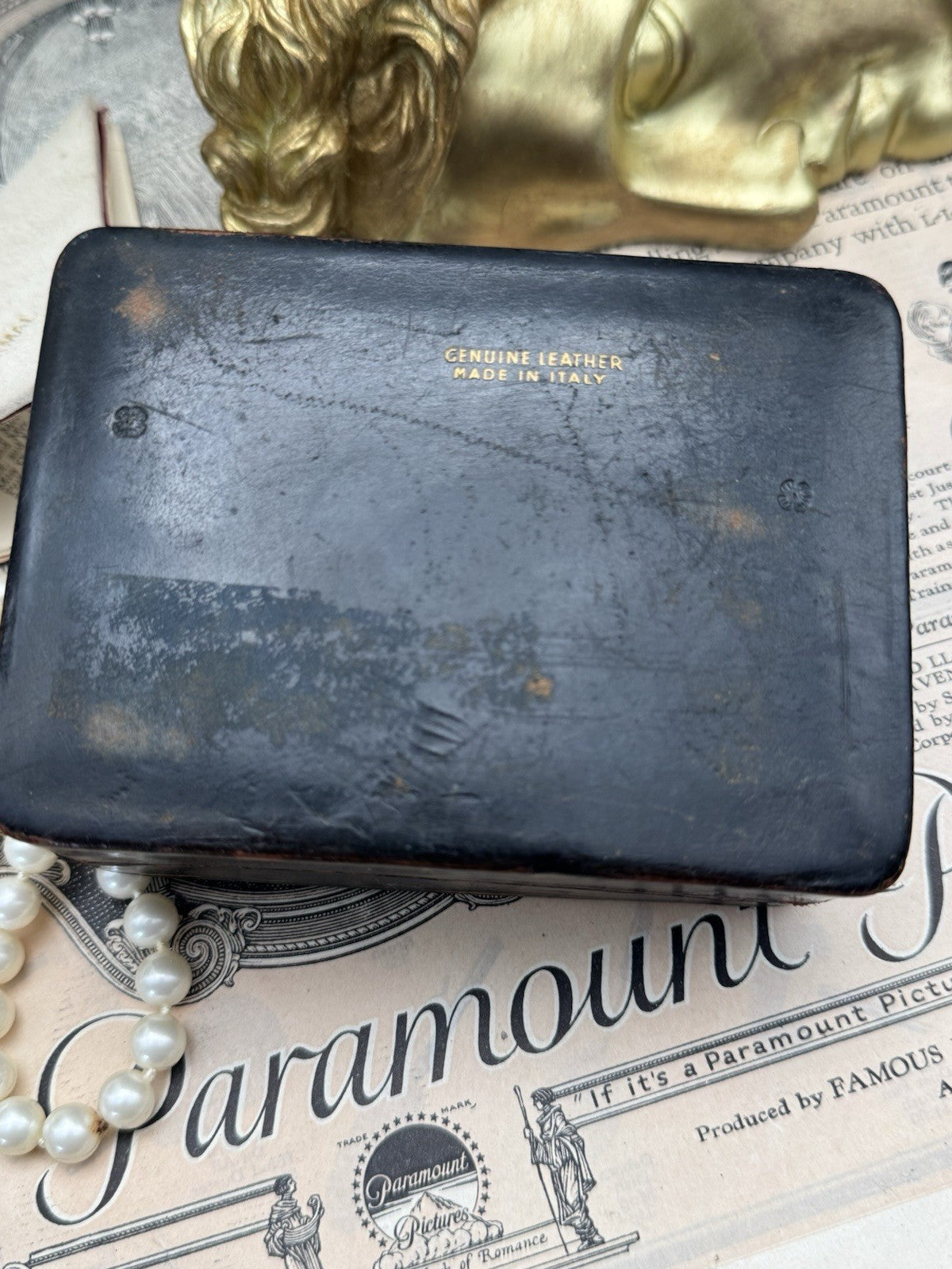 Vintage Italian Brown Gilt Tooled Leather Camelback Top CASE Ca. 4.25” X 3”