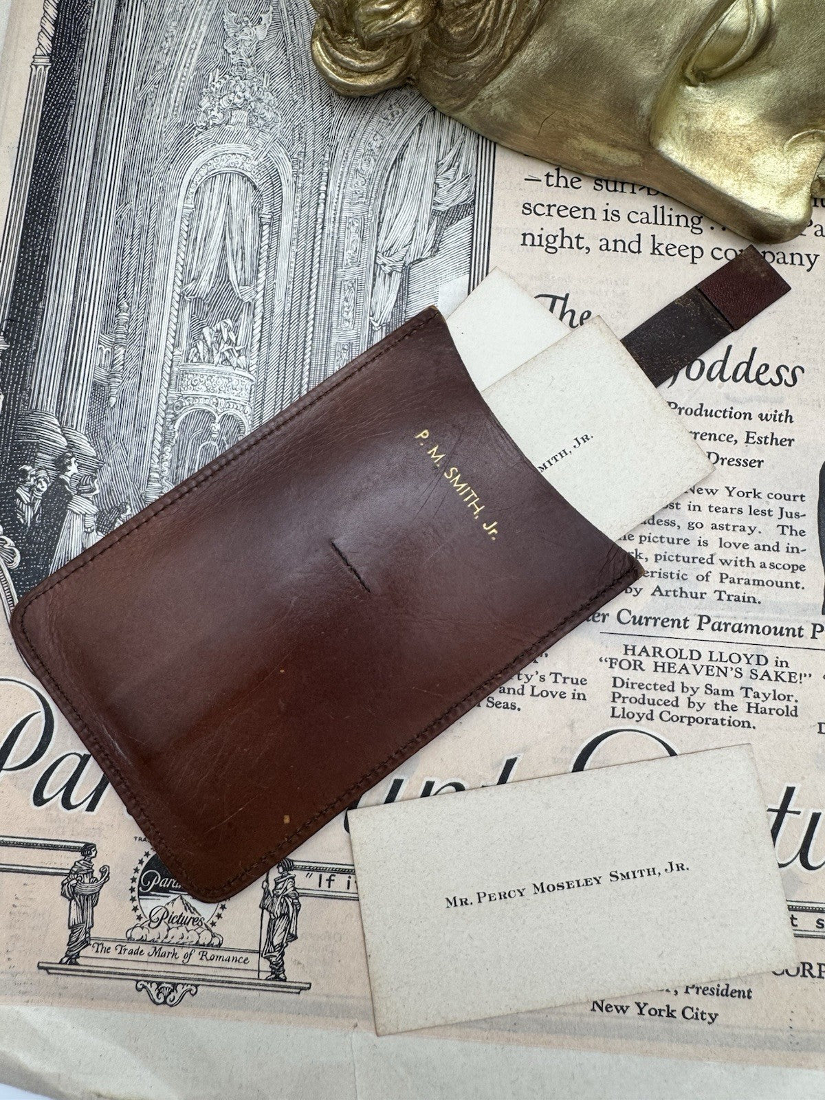 Vintage Tooled Leather CALLING CARD CASE - Business Card Holder Inscribed P.M.S
