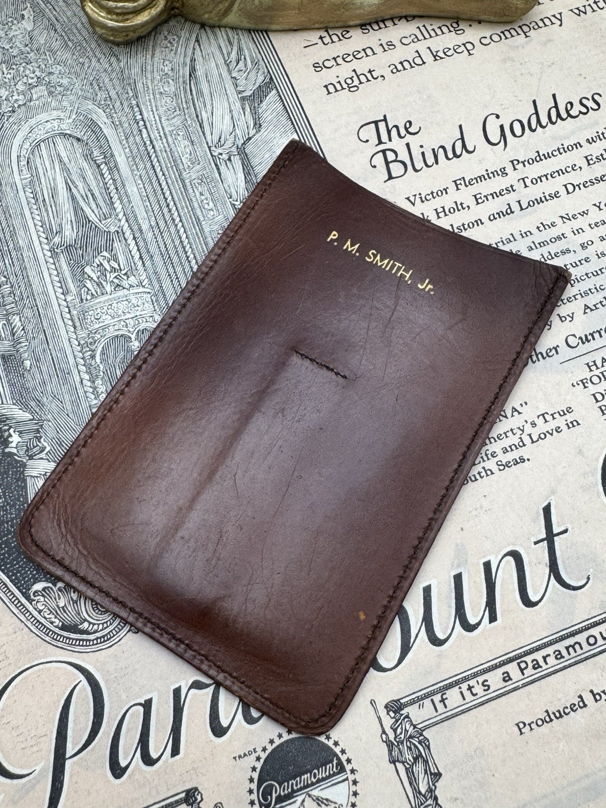 Vintage Tooled Leather CALLING CARD CASE - Business Card Holder Inscribed P.M.S