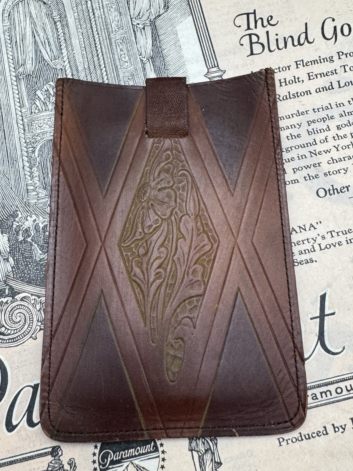 Vintage Tooled Leather CALLING CARD CASE - Business Card Holder Inscribed P.M.S