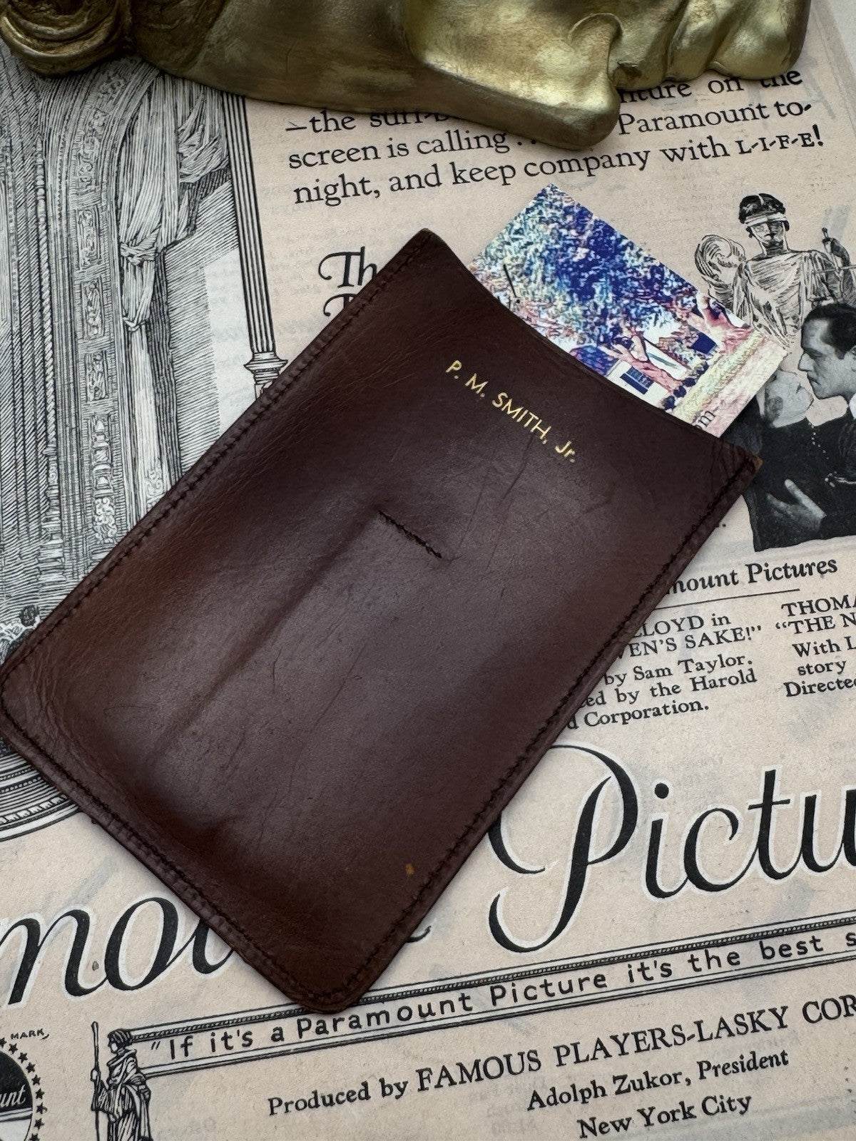 Vintage Tooled Leather CALLING CARD CASE - Business Card Holder Inscribed P.M.S