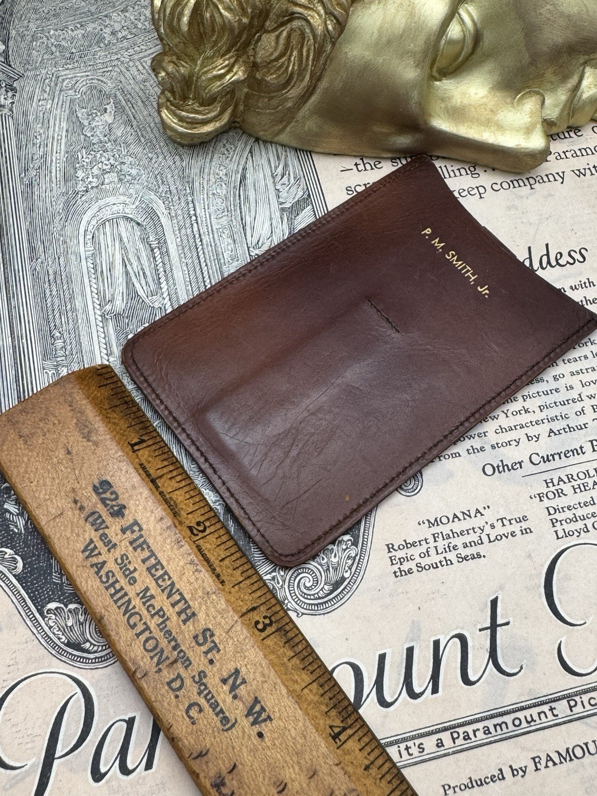 Vintage Tooled Leather CALLING CARD CASE - Business Card Holder Inscribed P.M.S