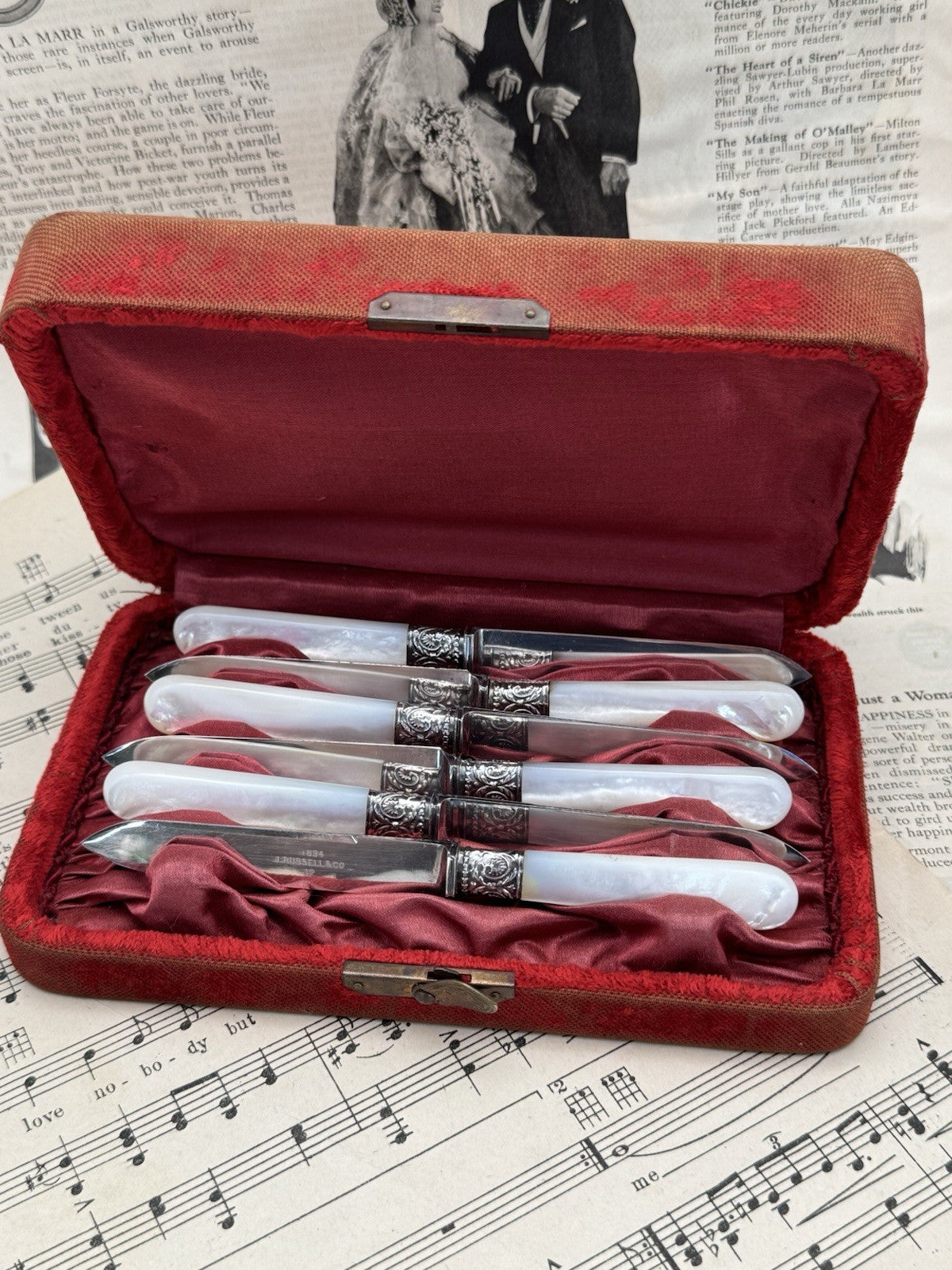 6 Dessert Knives 1834 J RUSSEL & CO SILVER Mother Of Pearl In Original Case