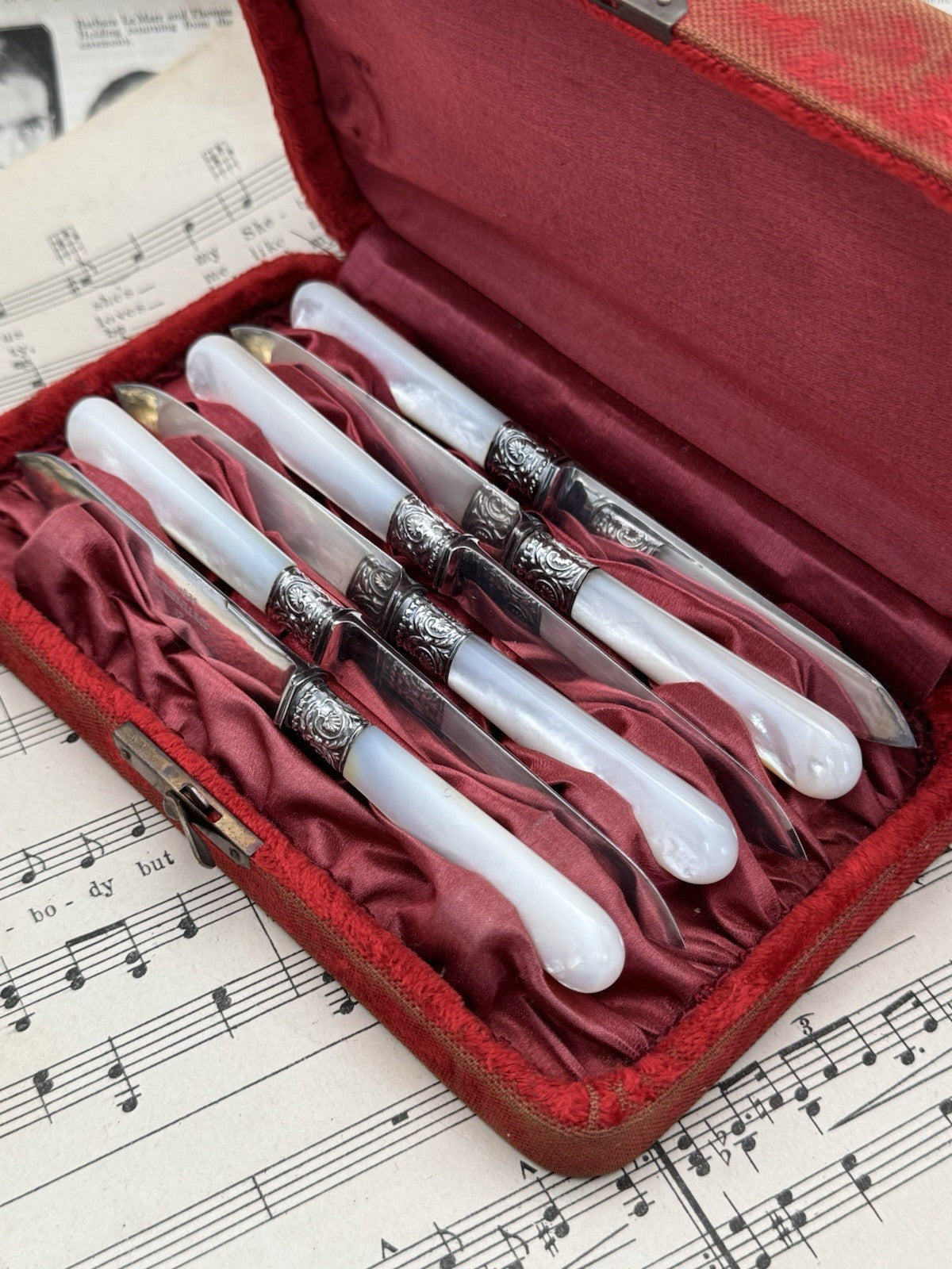 6 Dessert Knives 1834 J RUSSEL & CO SILVER Mother Of Pearl In Original Case