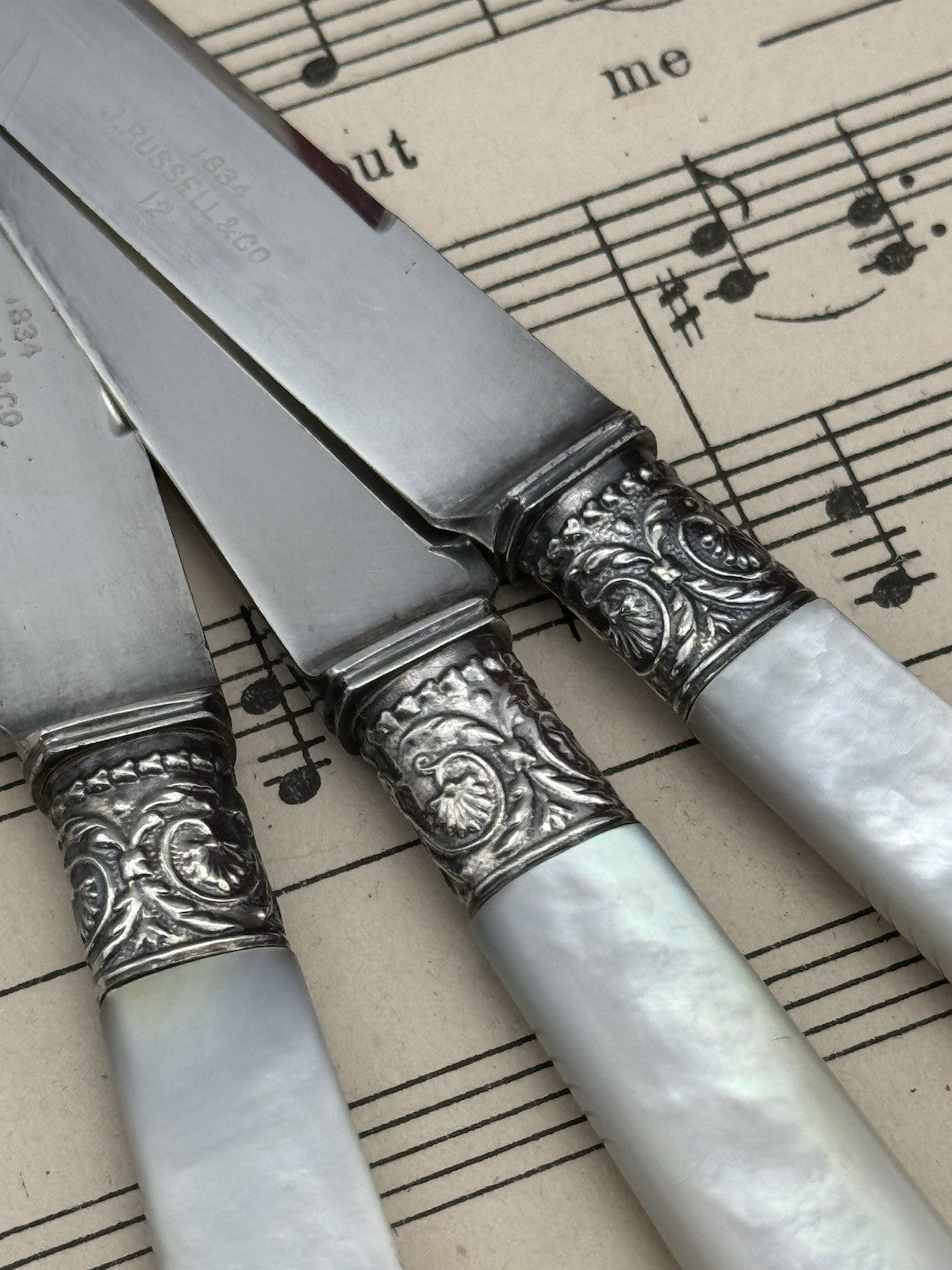 6 Dessert Knives 1834 J RUSSEL & CO SILVER Mother Of Pearl In Original Case