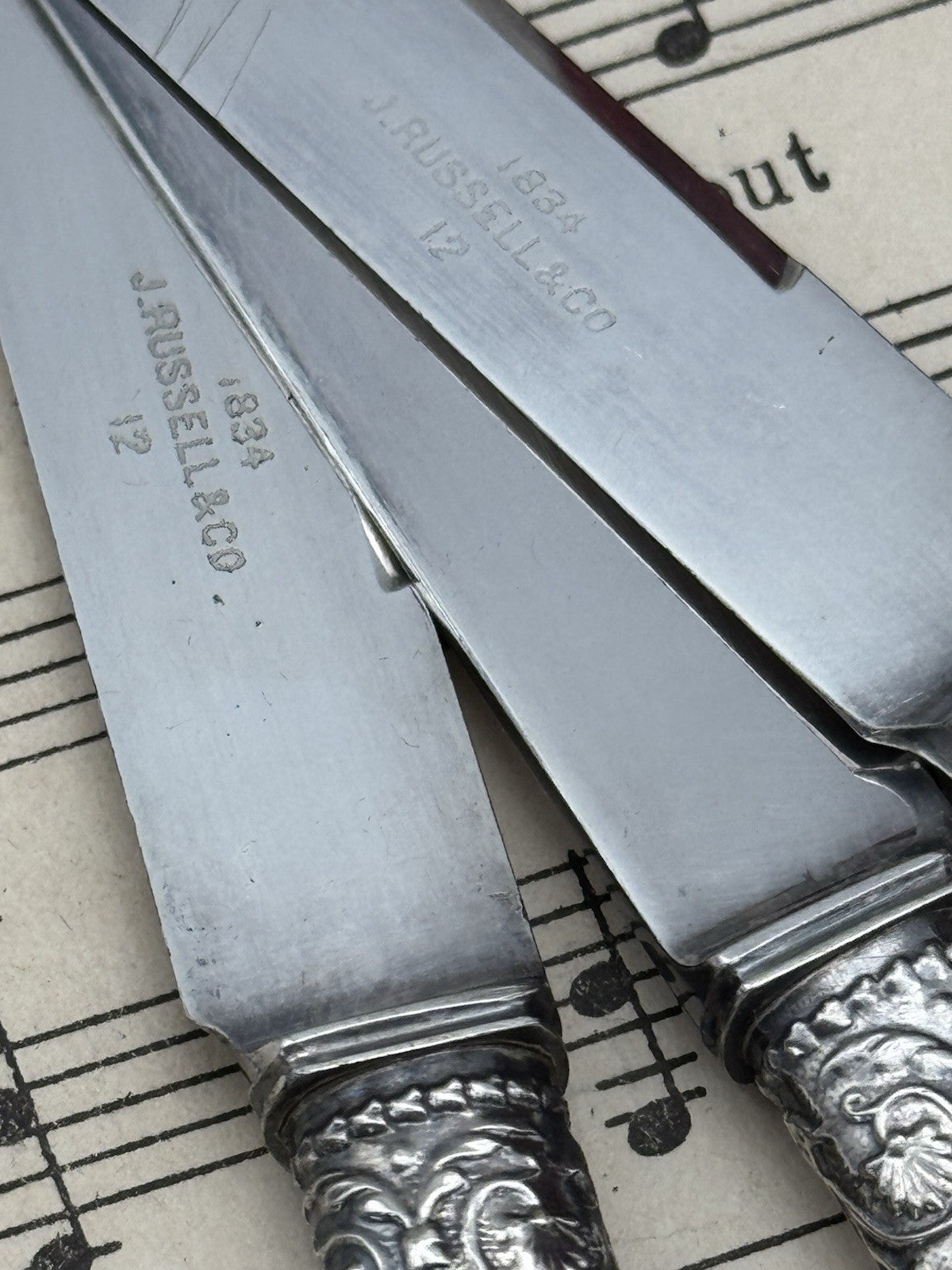 6 Dessert Knives 1834 J RUSSEL & CO SILVER Mother Of Pearl In Original Case