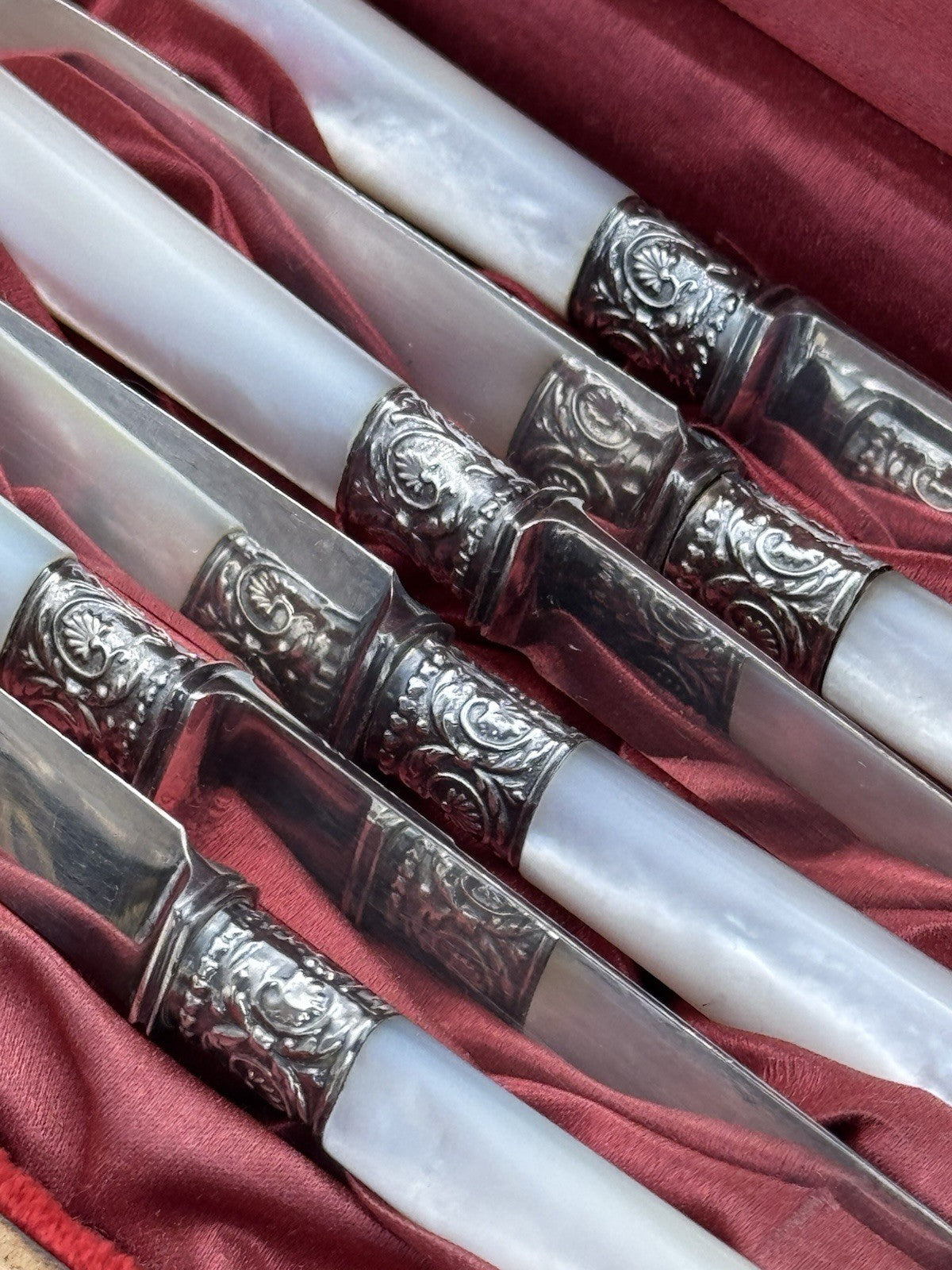 6 Dessert Knives 1834 J RUSSEL & CO SILVER Mother Of Pearl In Original Case