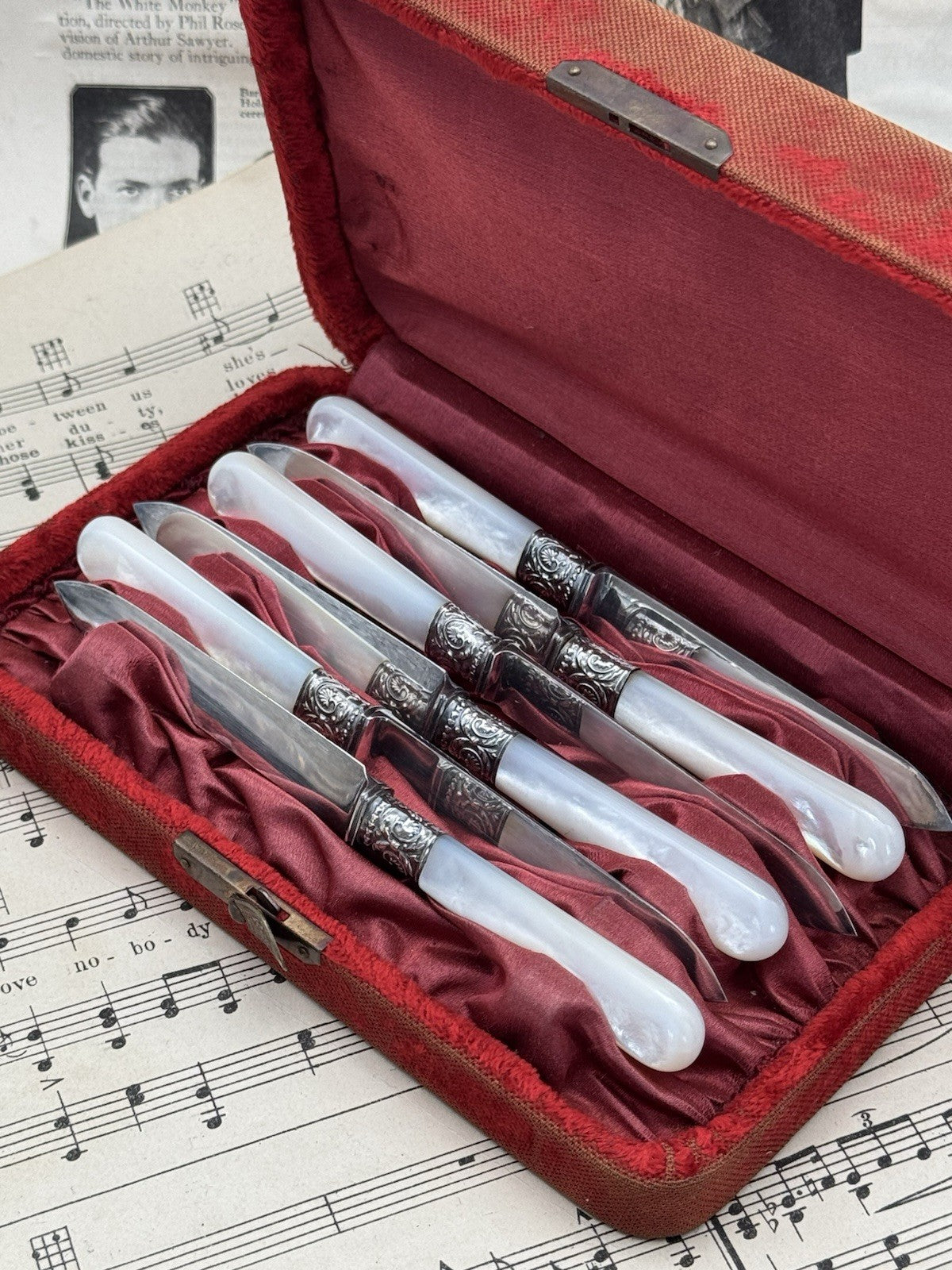6 Dessert Knives 1834 J RUSSEL & CO SILVER Mother Of Pearl In Original Case