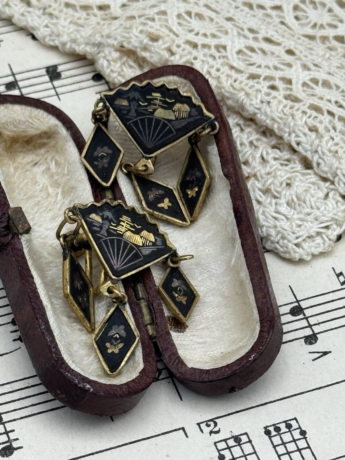 Vintage Damascene Fan Dangler Japanese Style Screw Back Earrings ESTATE FIND
