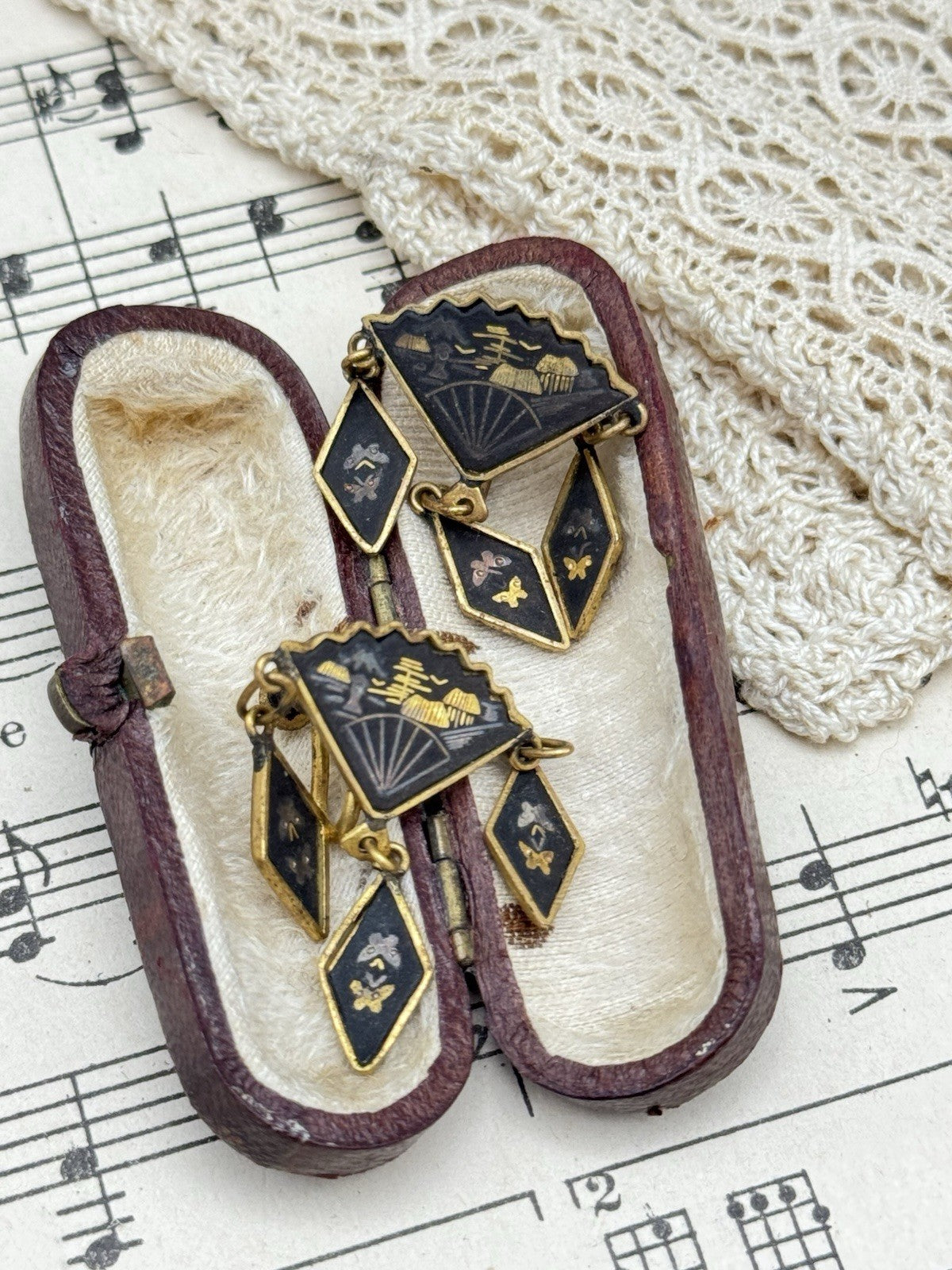 Vintage Damascene Fan Dangler Japanese Style Screw Back Earrings ESTATE FIND
