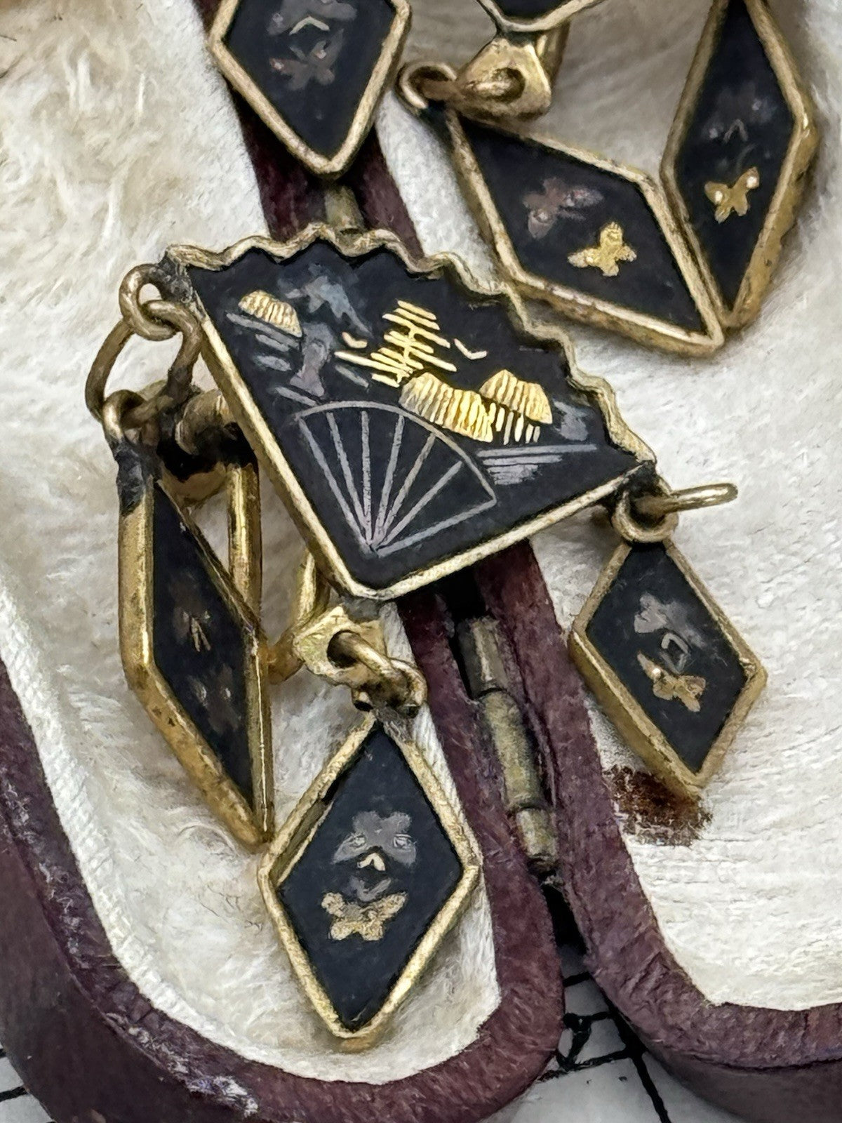 Vintage Damascene Fan Dangler Japanese Style Screw Back Earrings ESTATE FIND