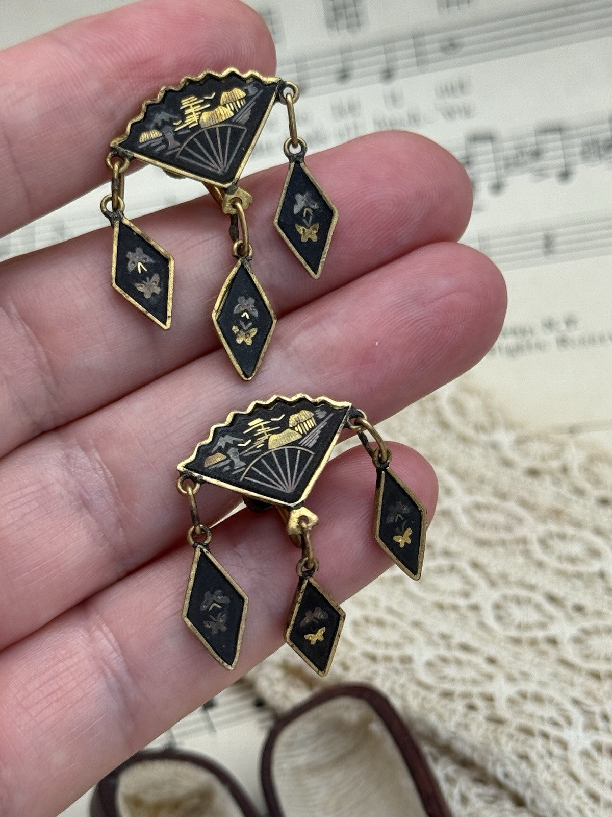 Vintage Damascene Fan Dangler Japanese Style Screw Back Earrings ESTATE FIND