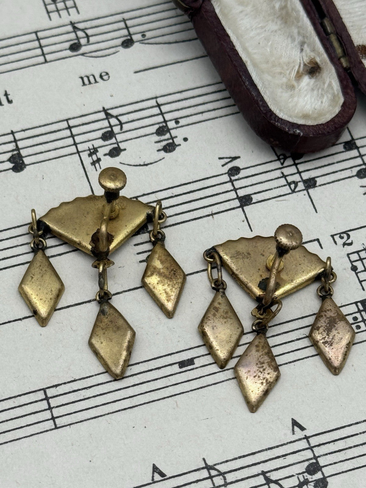 Vintage Damascene Fan Dangler Japanese Style Screw Back Earrings ESTATE FIND